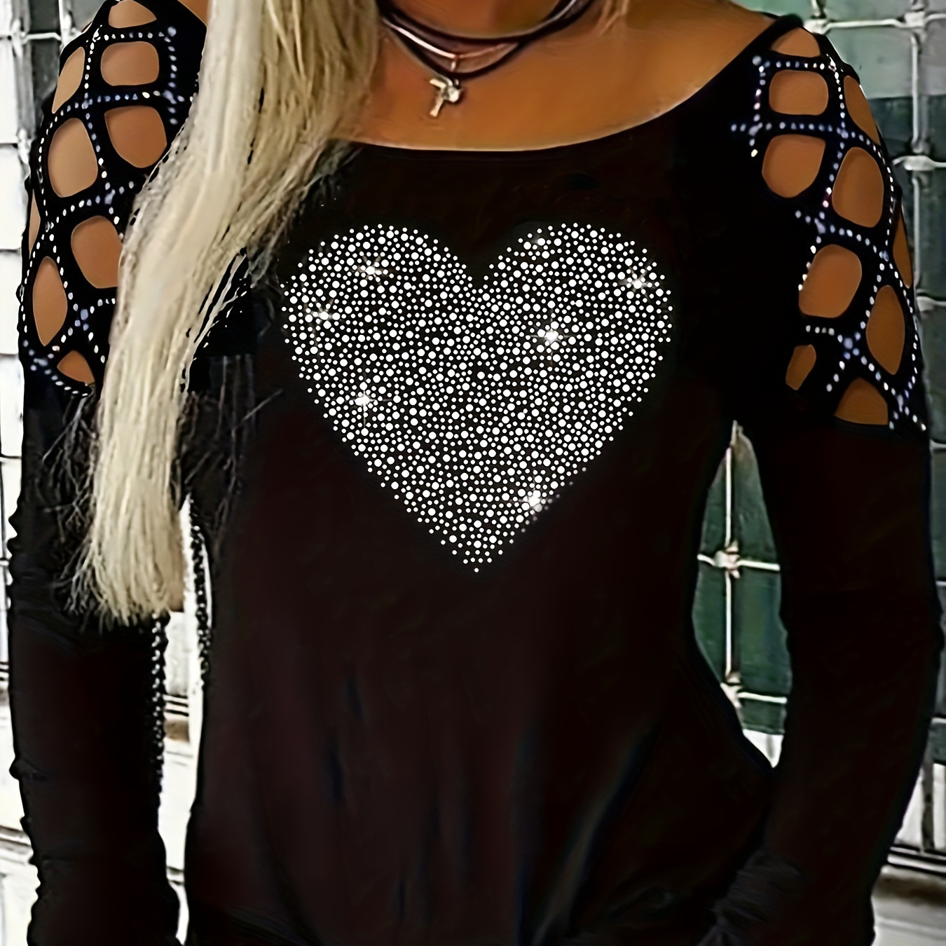 

Plus Size Casual T-shirt, Women's Plus Heart Print Hollow Out Long Sleeve Round Neck Slight Stretch T-shirt