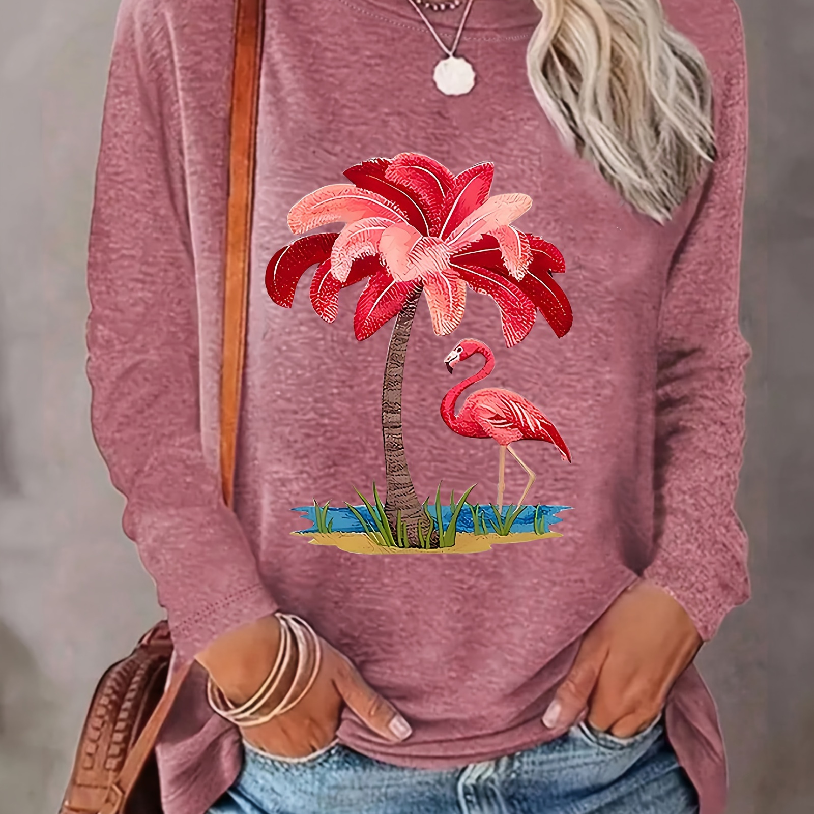 

Flamingo Print T-shirt, Long Sleeve Crew Neck Casual Top For Spring & Fall, Women's Clothing