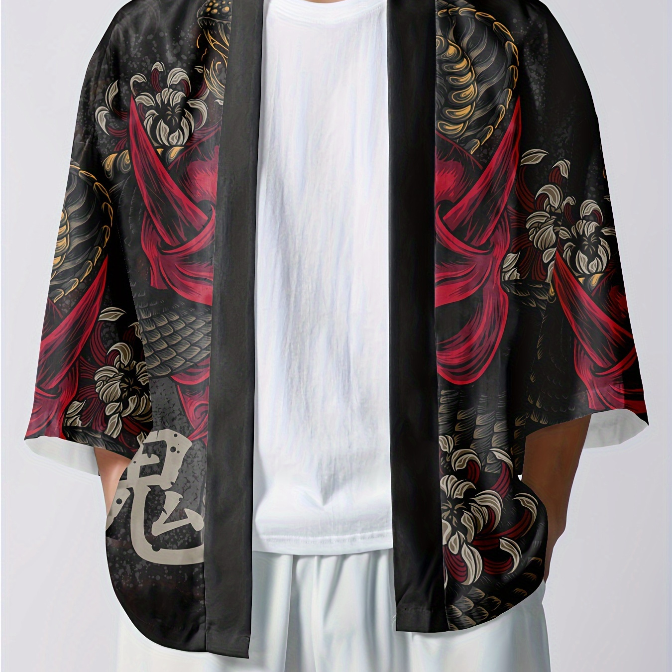 

Men's Vintage Style Snake And Mask Graphic Print Loose Open Front Kimono For Traditional Cultural Activities In Japan