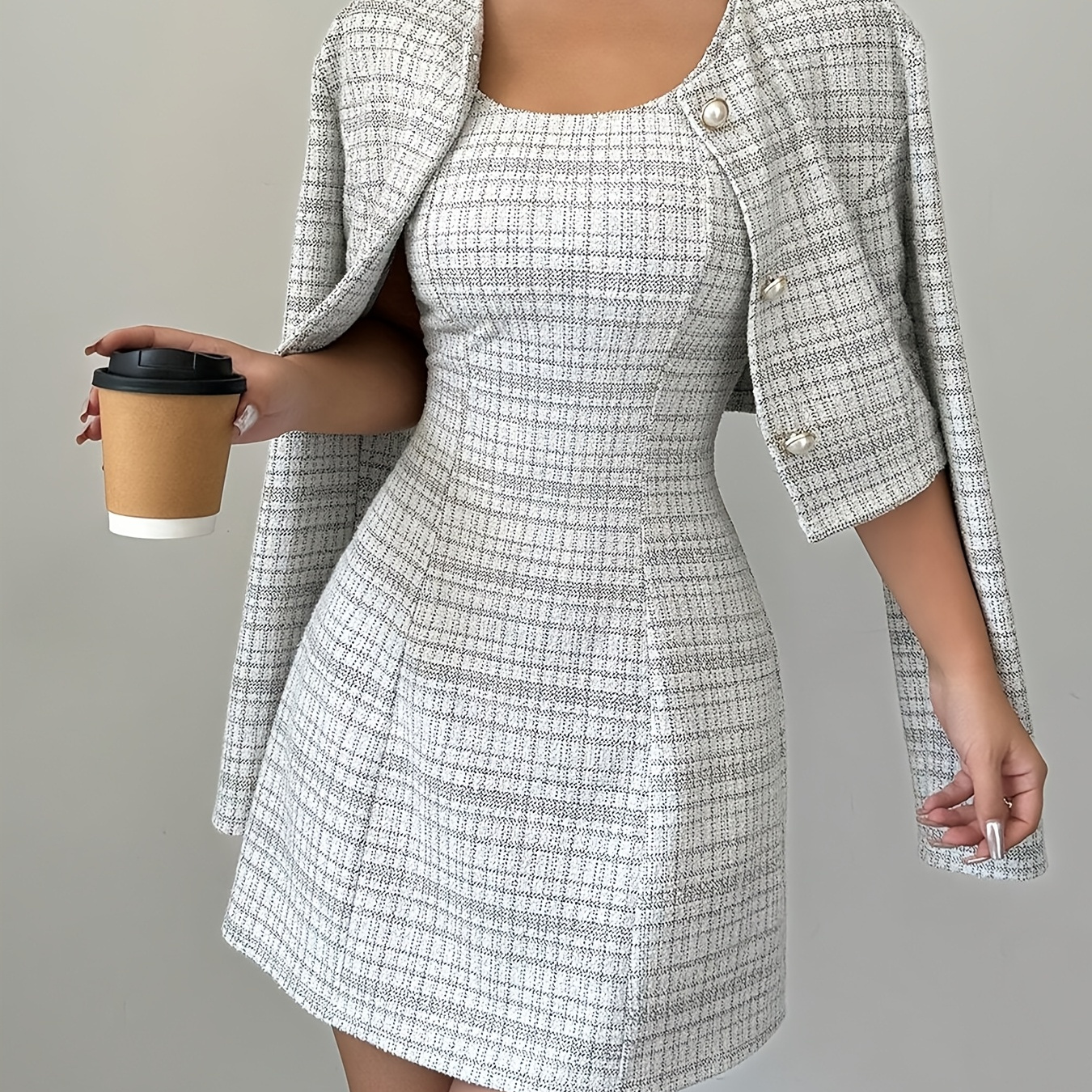 

Elegant Dress Suit For Women - Polyester 2 Piece Set With A- Dress And Jacket, Crew Neck, Woven - All Season Fashion