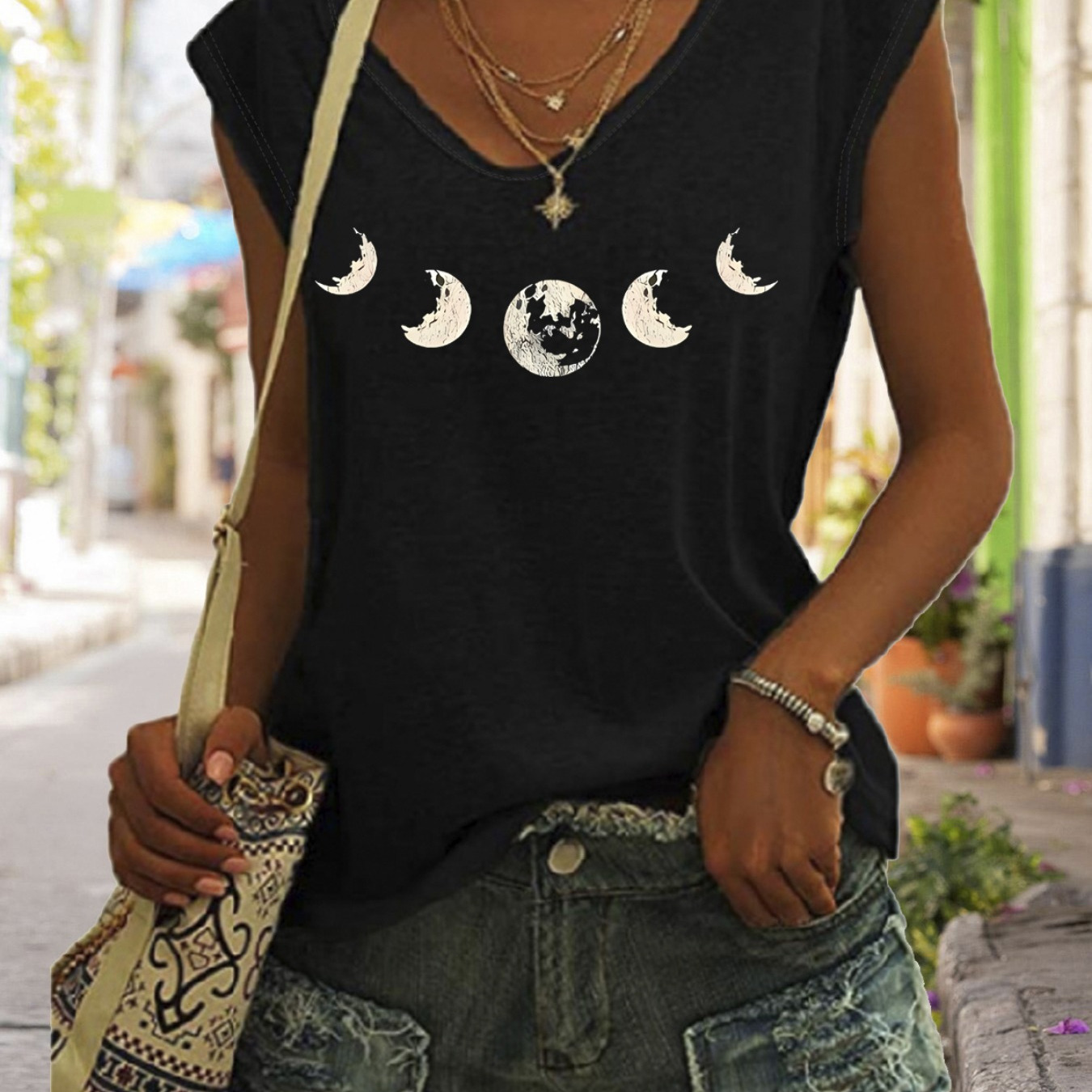 

Moon Print V Neck Tank Top, Cap Sleeve Casual Top For Summer & Spring, Women's Clothing