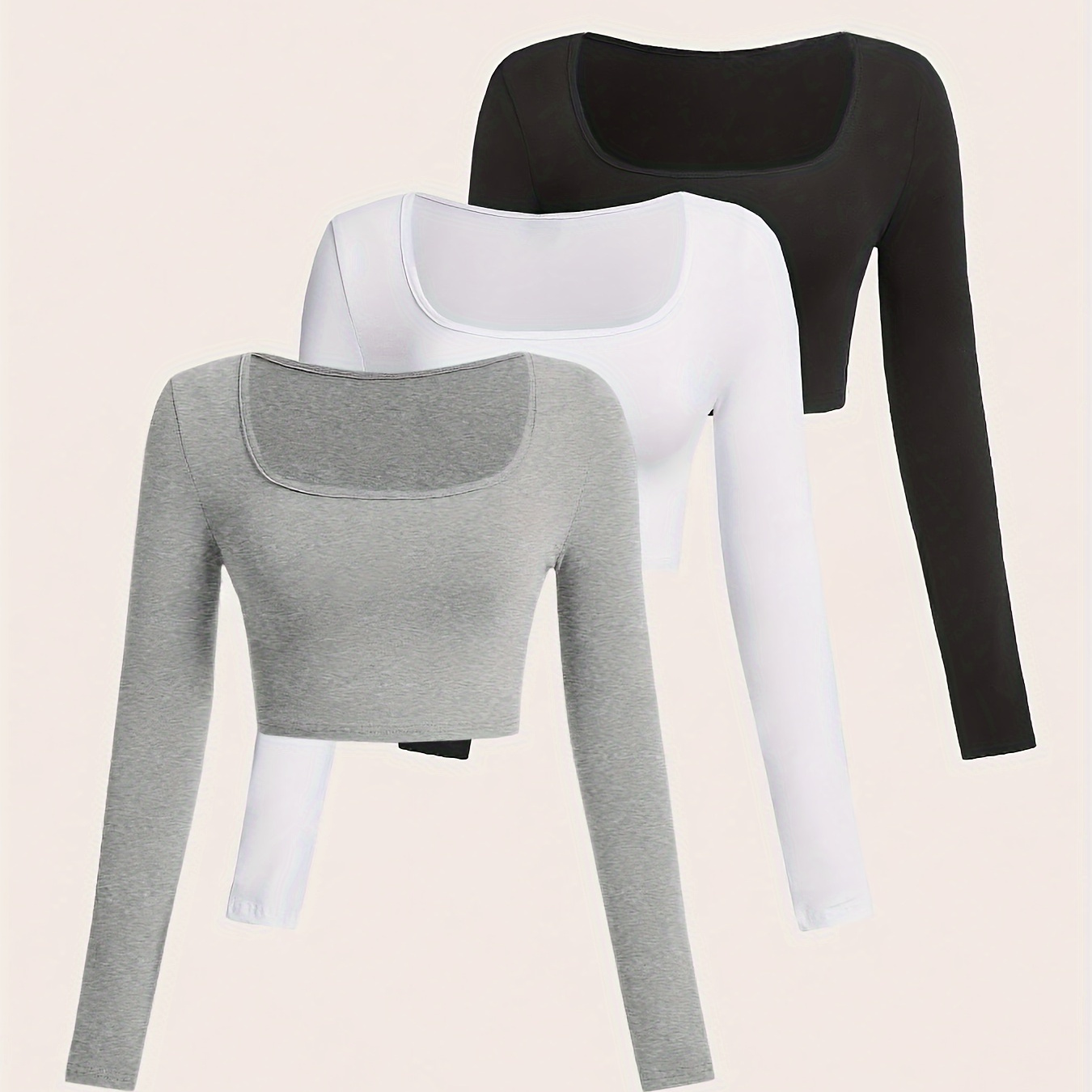 

3 Pack Solid Color Crop T-shirt, Versatile Long Sleeve T-shirt For Spring & Fall, Women's Clothing