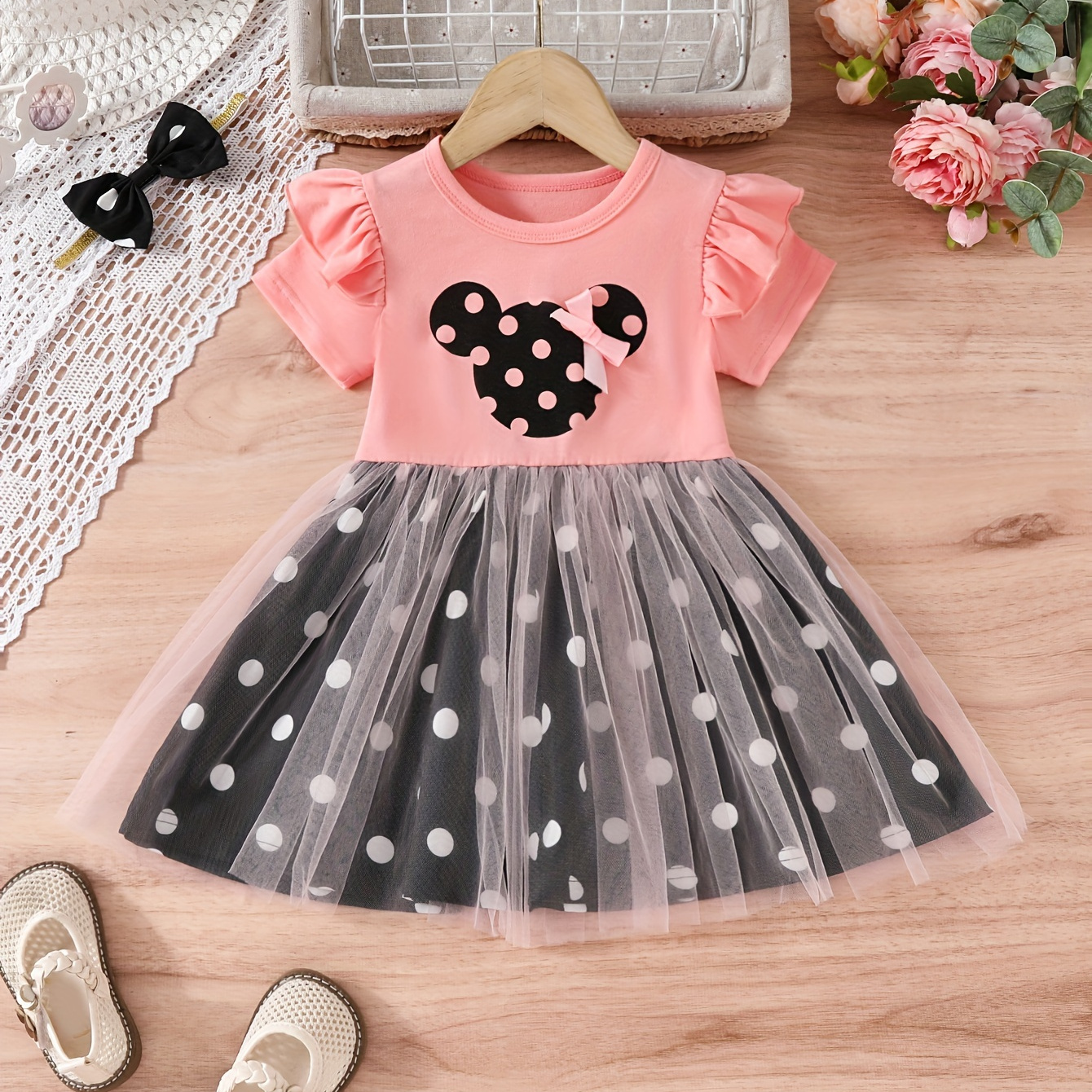

Baby's Lovely Polka Dots Pattern Mesh Splicing Dress, Short Sleeve Princess Dress, Infant & Toddler Girl's Clothing For Summer/spring, As Gift