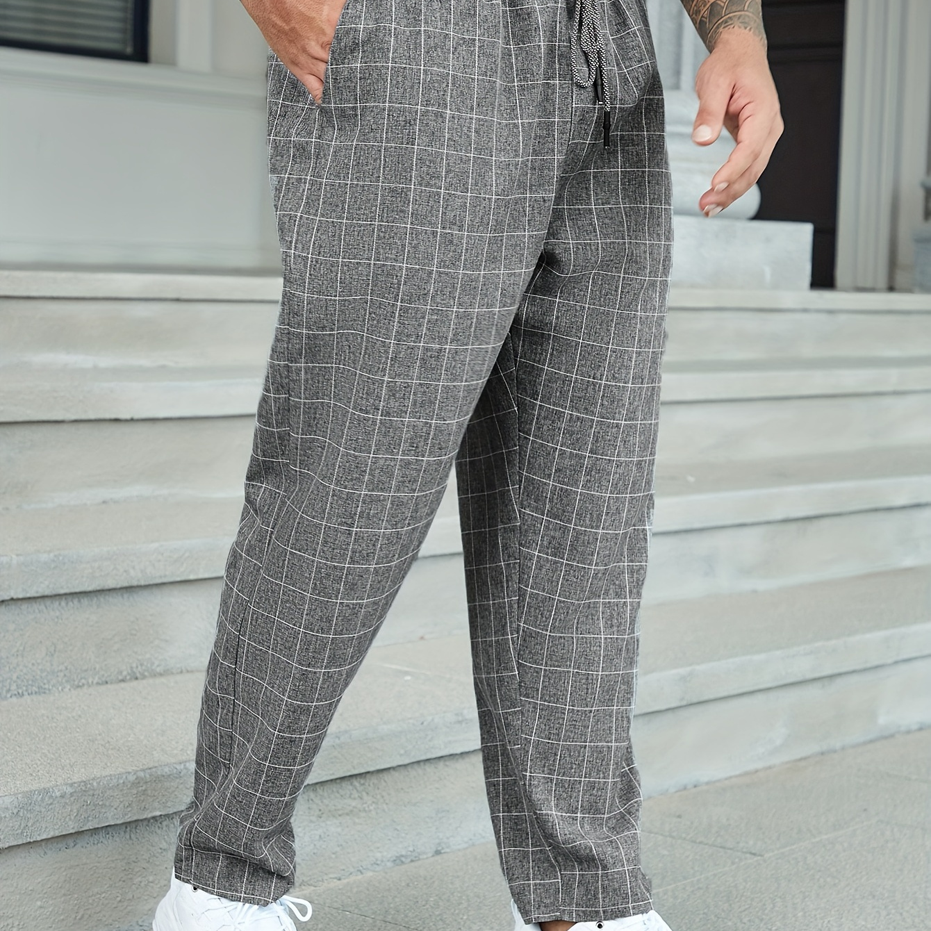 

Plus Size Men's Loose-fit Casual Pants, Grid Pattern, Suitable For All
