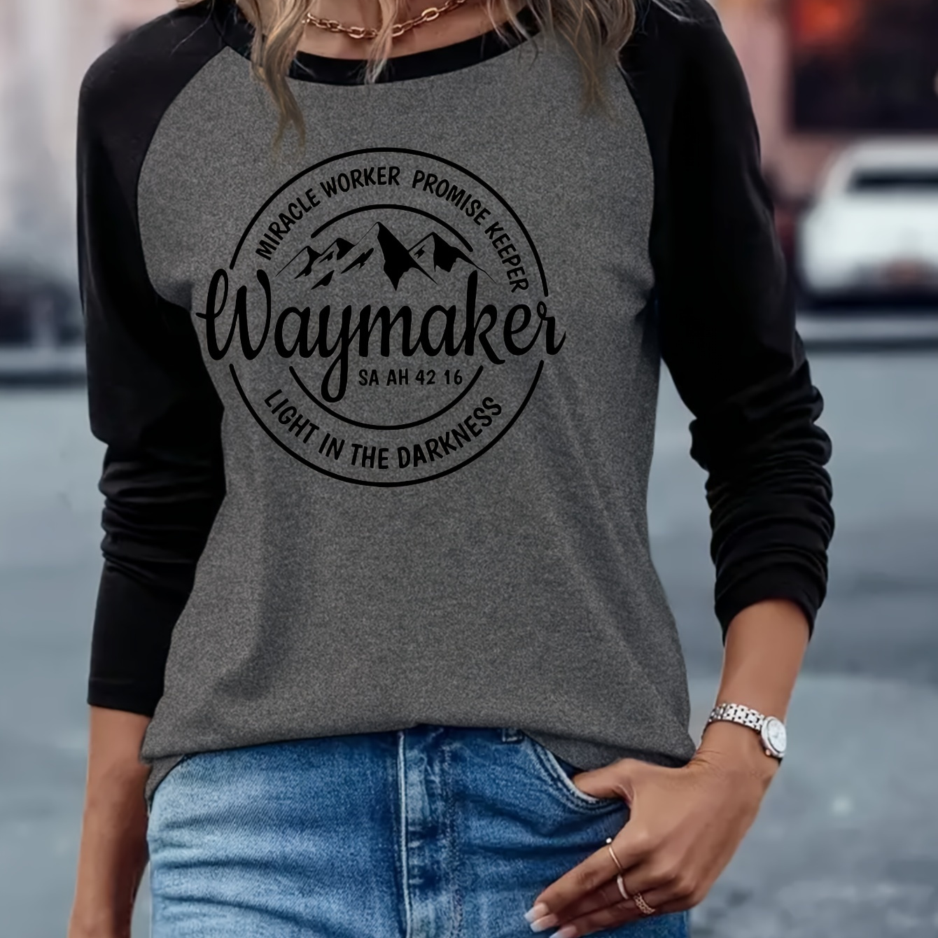 

Women's Inspirational Graphic Raglan Sleeve T-shirt - Polyester Blend, Casual Crew Neck, Alphabet Print, Spring/fall Knit Top