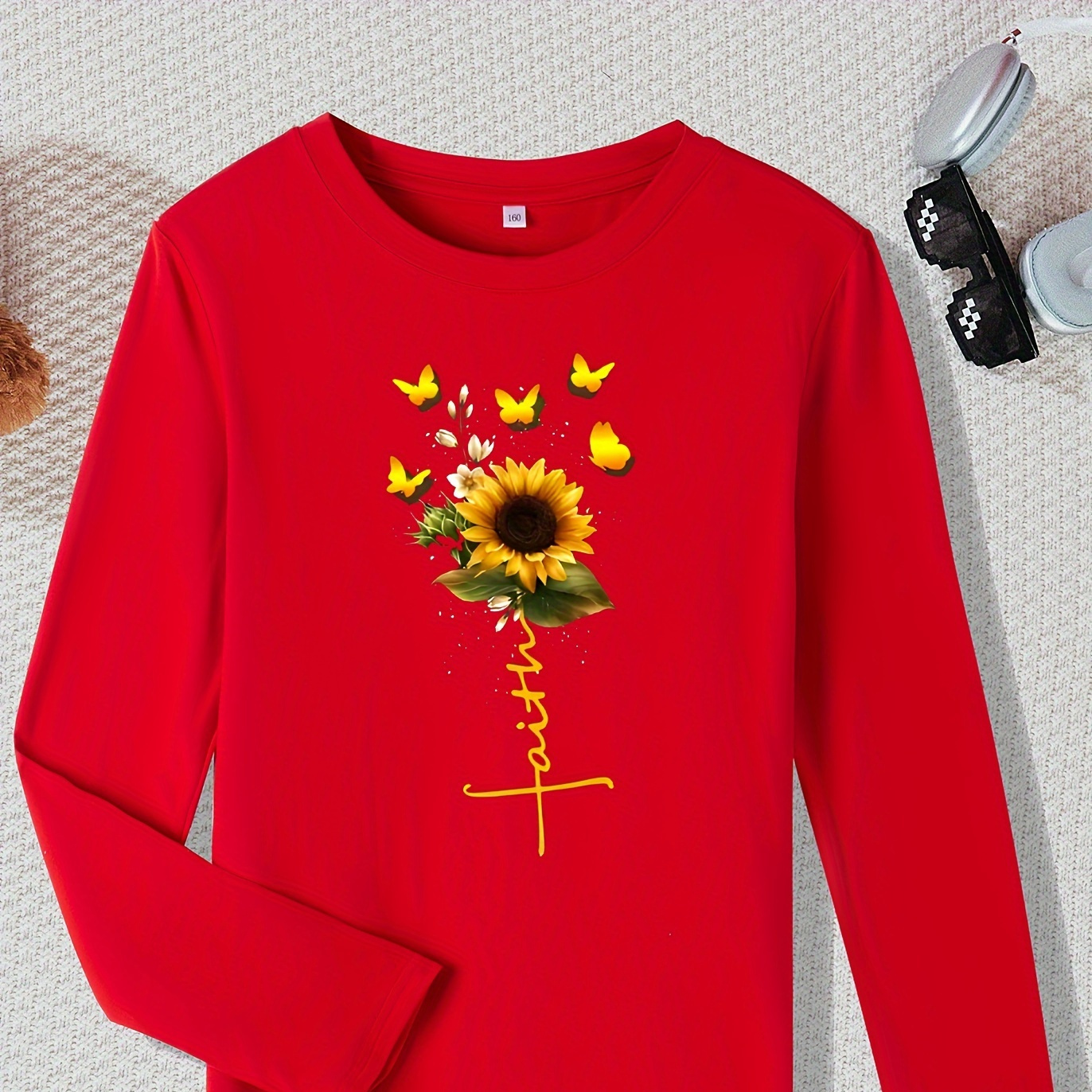 

Sunflower Graphic Print Creative T-shirts, Soft & Elastic Comfy Crew Neck Long Sleeve Tee, Girls' Summer Tops