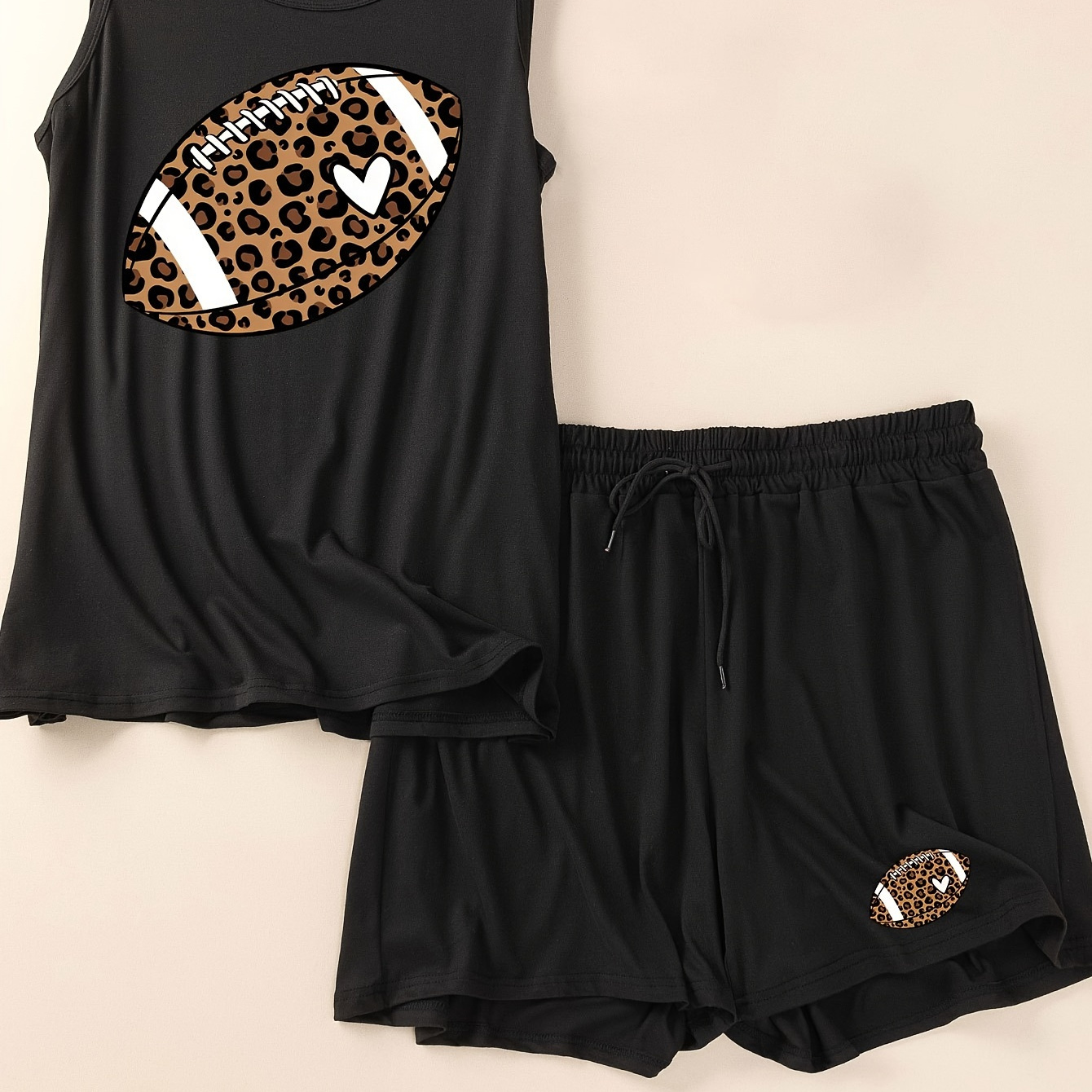 

Women's Superbowl Casual Lounge Set, Plus Size Leopard Rugby Graphic Round Neck Tank Top & Shorts Pajamas 2 Piece Set