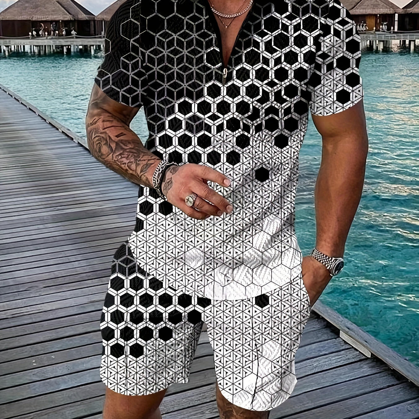 

Geometry Pattern, Men's 2 Pieces Outfits, Short Sleeve Comfy Half Zipper Turndown Collar Shirt And Casual Shorts Set For Summer, Men's Clothing