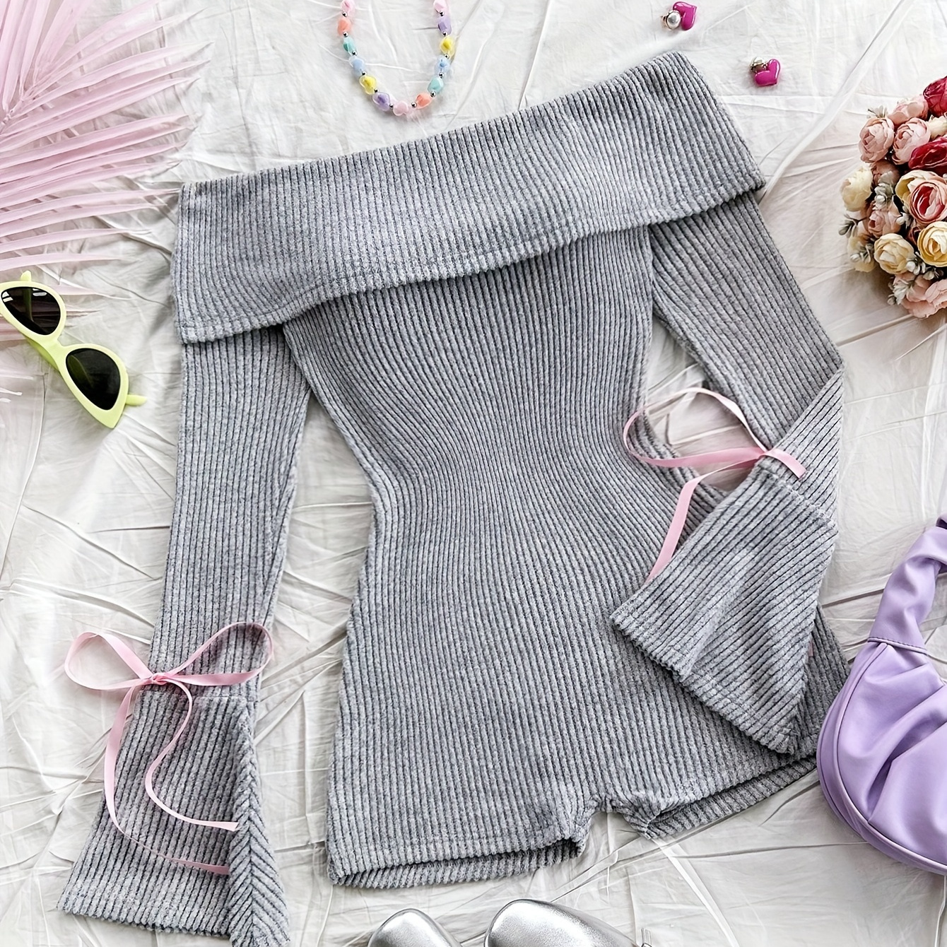 

Chic Pink Off-shoulder Ribbed Jumpsuit With Tie Detail - Casual Polyester Knit, Machine Washable - Women'