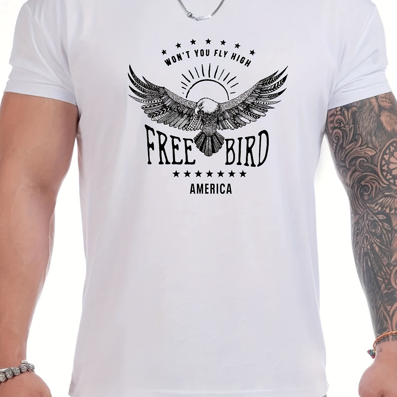 

' Free Bird 'creative Print Men's Short Sleeve T-shirt, Casual Round Neck Top, Versatile And Comfortable Tee, Spring& Summer Collection
