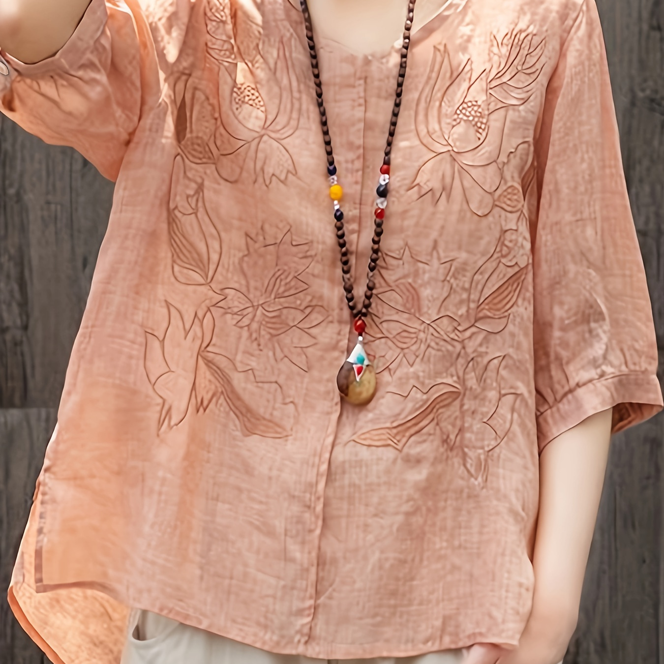 

Floral Embroidery V Neck T-shirt, Vintage Half Sleeve Solid Loose Casual T-shirt, Women's Clothing