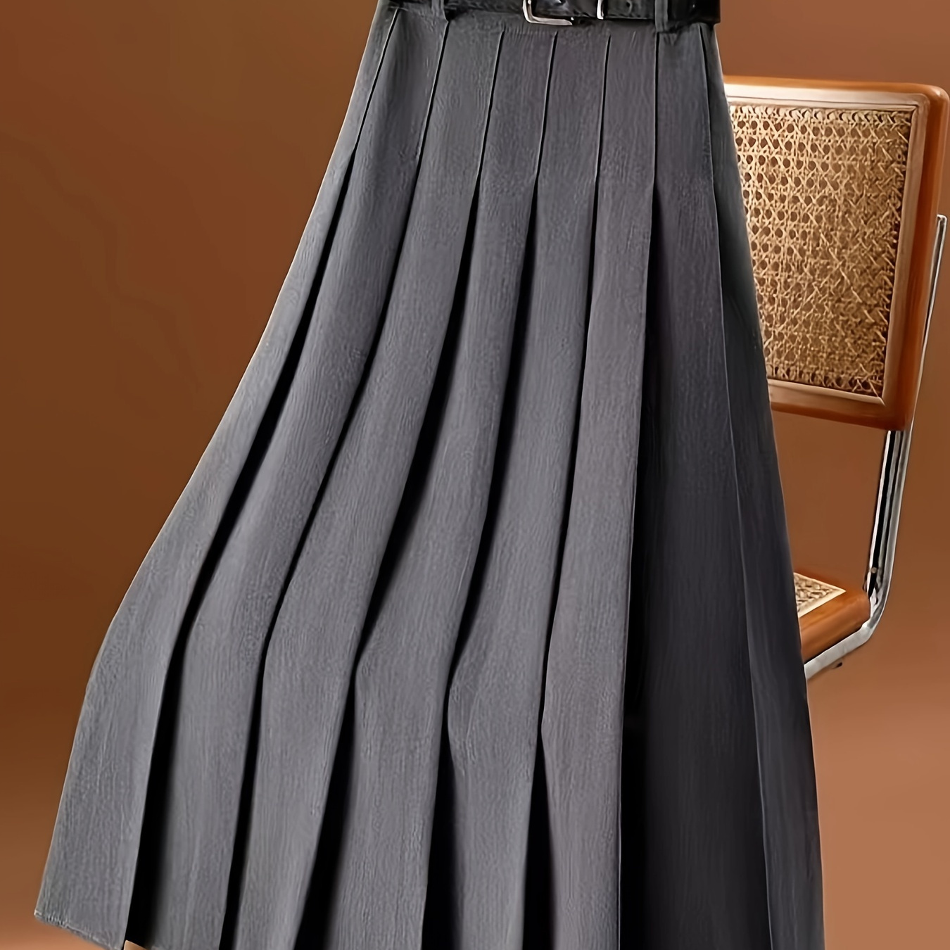 

1pc Elegant Grey Pleated Midi Skirt For Women, Polyester Solid Color A-line Long Skirt, Casual Vintage Style, No Belt, Woven Fabric, Spring/fall Collection