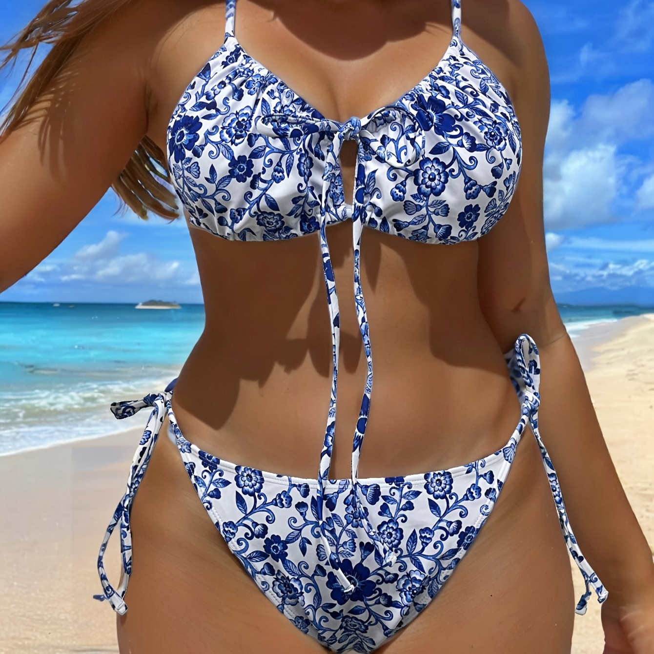 

Women's Sexy Bikini Set, Plus Size Floral Pattern V Neck Bra & Tie Side High Cut Panty Swimsuit 2 Piece Set