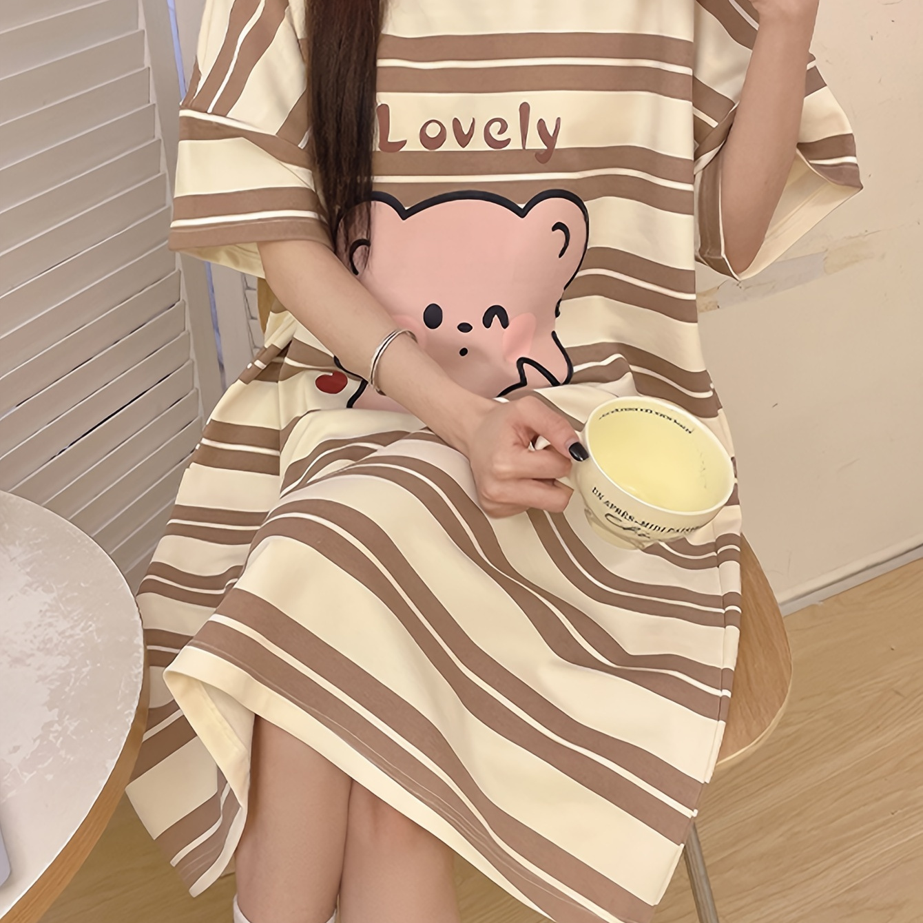 

Comfy Striped Mid-length Sleep Dress With Built-in Bra Pad - Women's Short Sleeve, Round Neck Nightgown In Brown & , Polyester , Summer