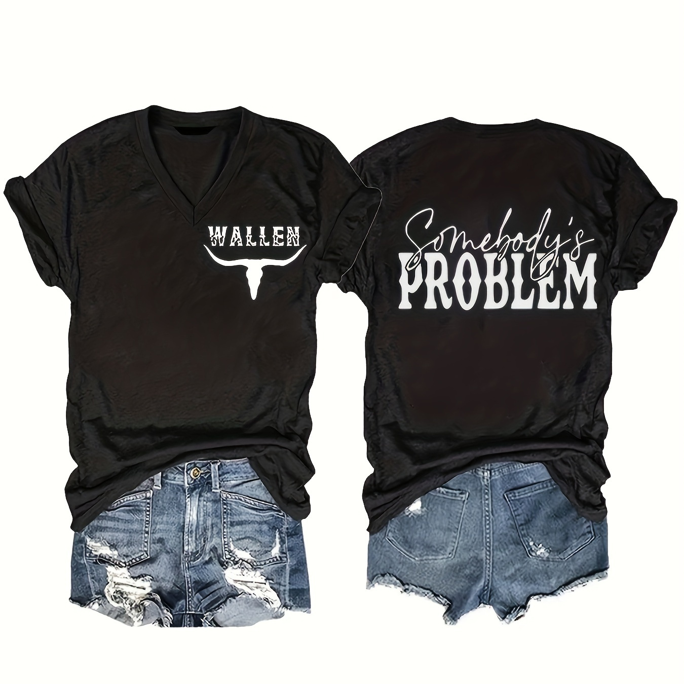 

Wallen Print T-shirt, Somebody's Problem Print V Neck Short Sleeve Casual Top For Summer & Spring, Women's Clothing