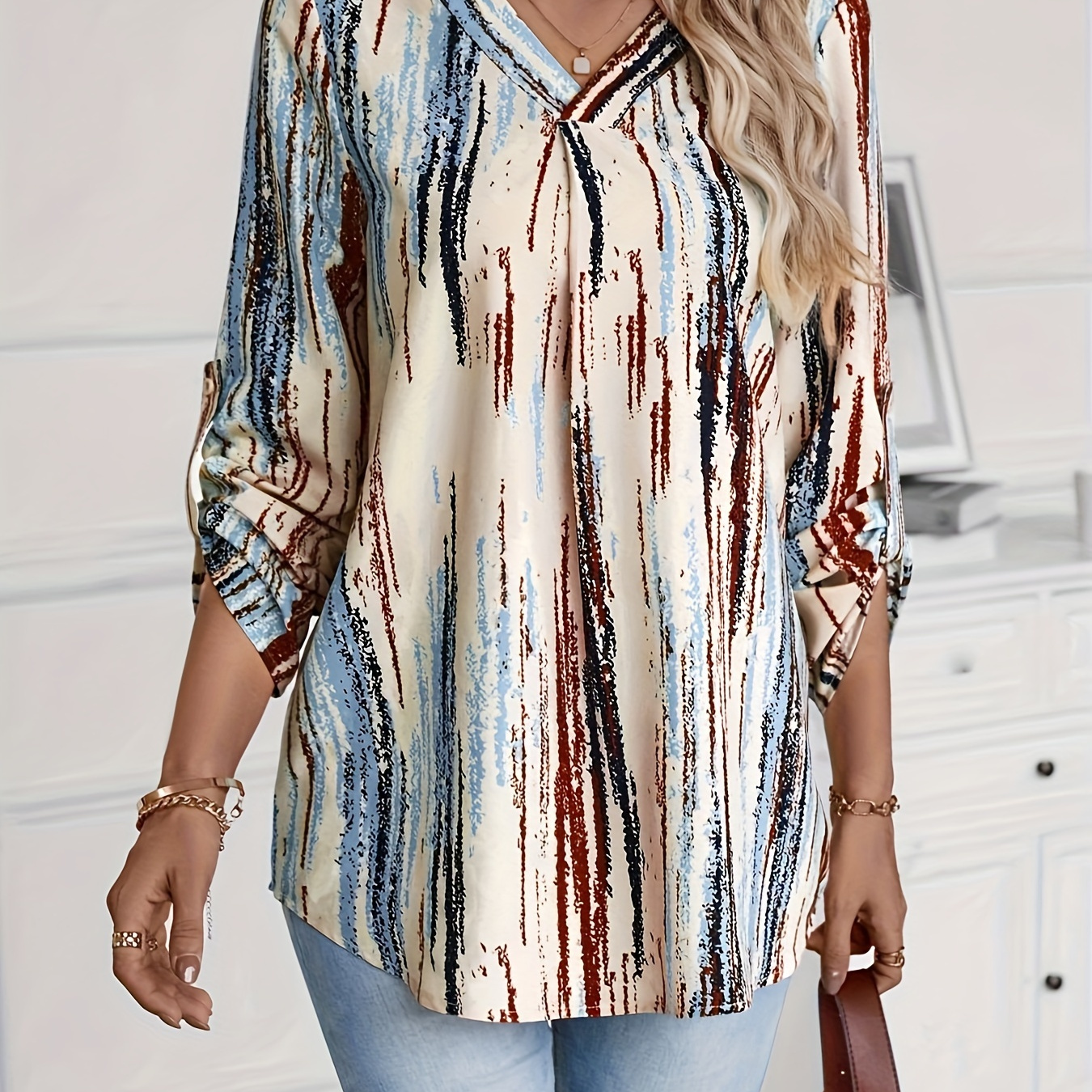 

Allover Print V Neck Blouse, Casual Adjustable Sleeve Top For Spring & Fall, Women's Clothing