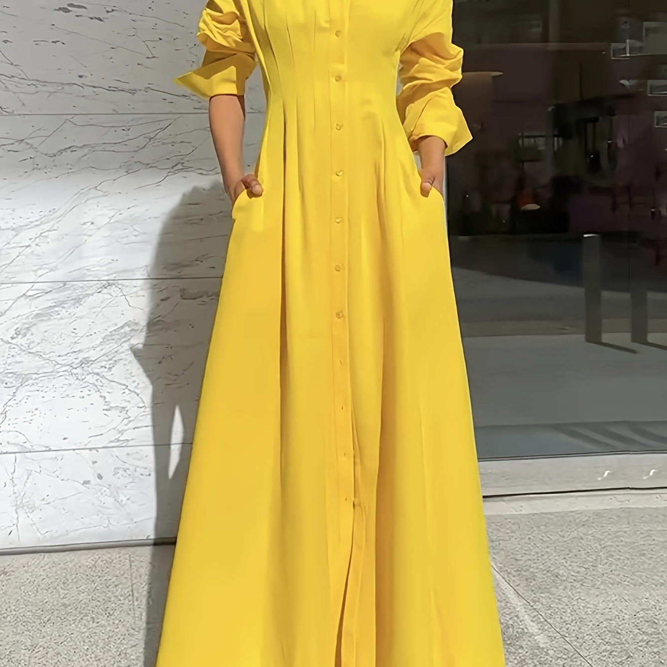 

Elegant Solid Color Long Sleeve Waist-cinching Dress, Polyester, Button Detail, Machine Washable - Spring/summer/fall, , Solid Color