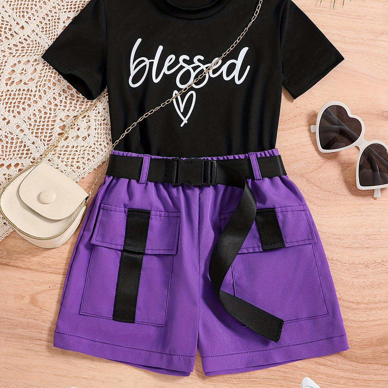 

Trendy 2pcs Girls Blessed Print Short Sleeve Crop Tight T-shirt + Belted Cargo Shorts Set Comfy Street Summer Outfit