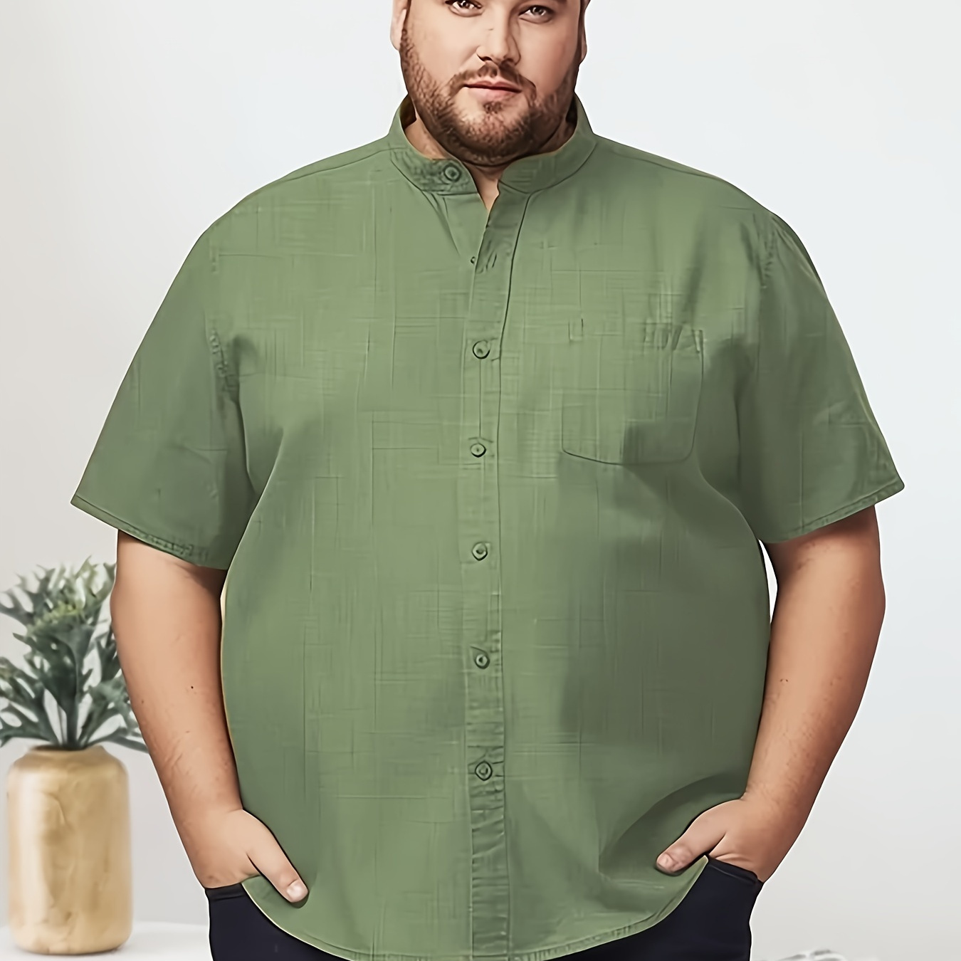 

Plus Size Men's Solid Short Sleeve Shirt For Summer, Band Collar Button Up Shirt