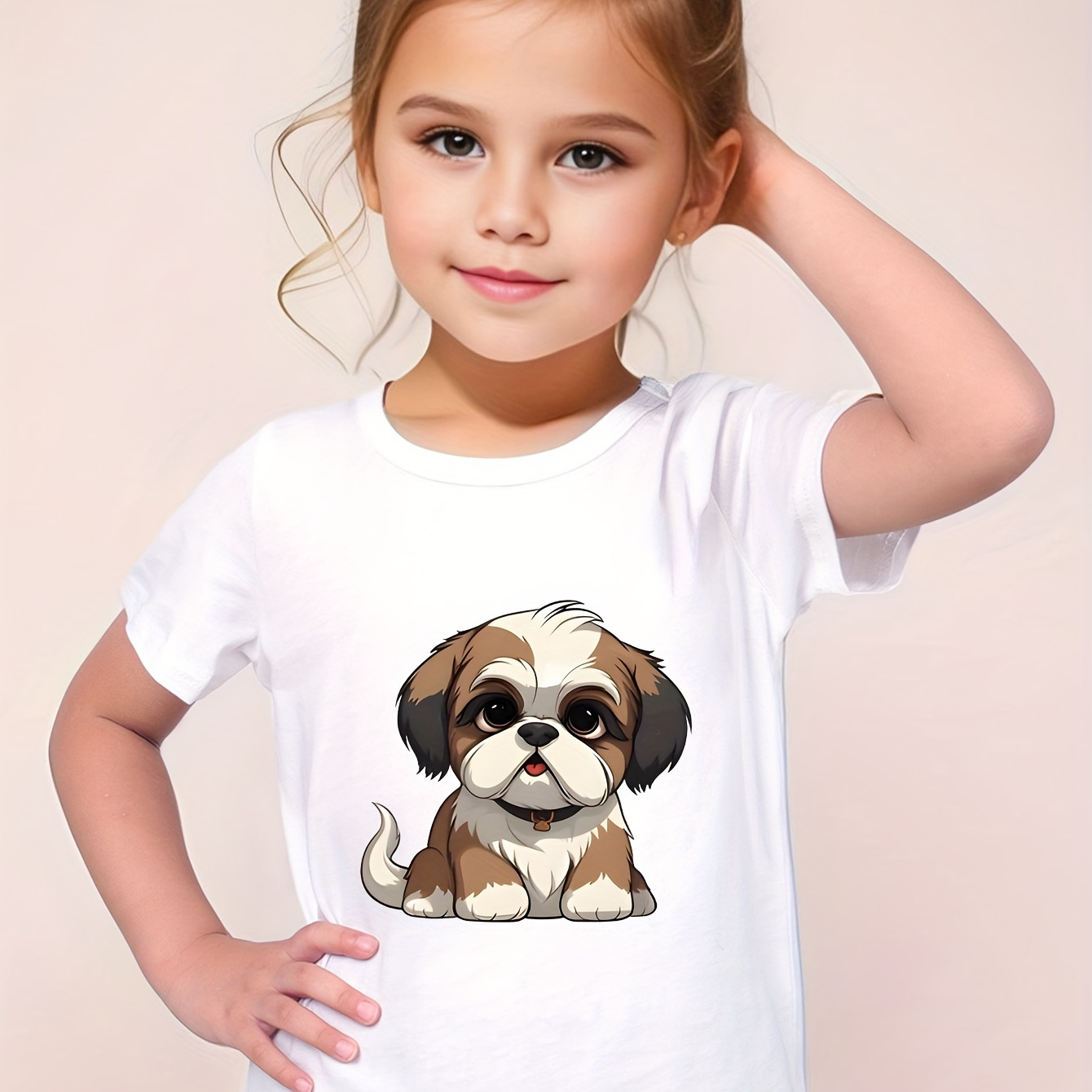 

100% Cotton, Furry Puppy Print Short Sleeve T-shirt, Casual & Versatile Tees Tops For Girls Summer Christmas Gift