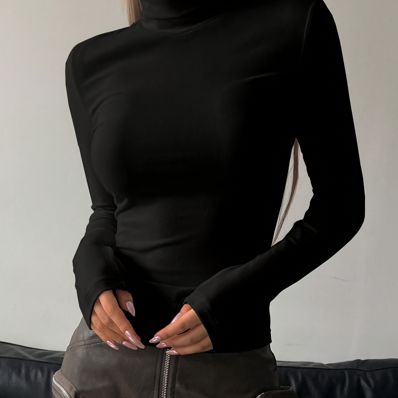 

Women's Elegant High Neck Turtleneck T-shirt, Solid Color Knit Fabric, Polyester 95% Spandex 5%, Short Length, 230g/m², Fall/winter Season