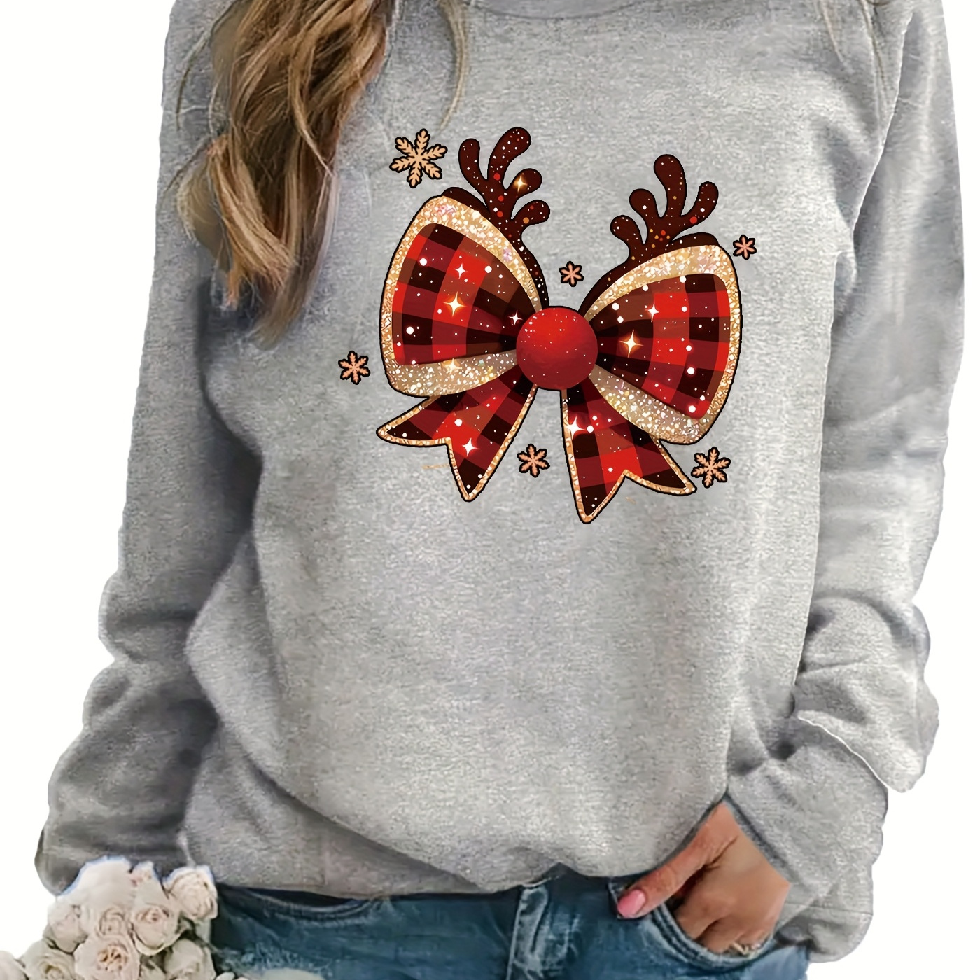 

Bows For Christmas Print Sweatshirt - Casual Long Sleeve, Crew Neck Sweatshirt For Fall & Winter For Women - Machine Washable Polyester - Size Women's Clothing