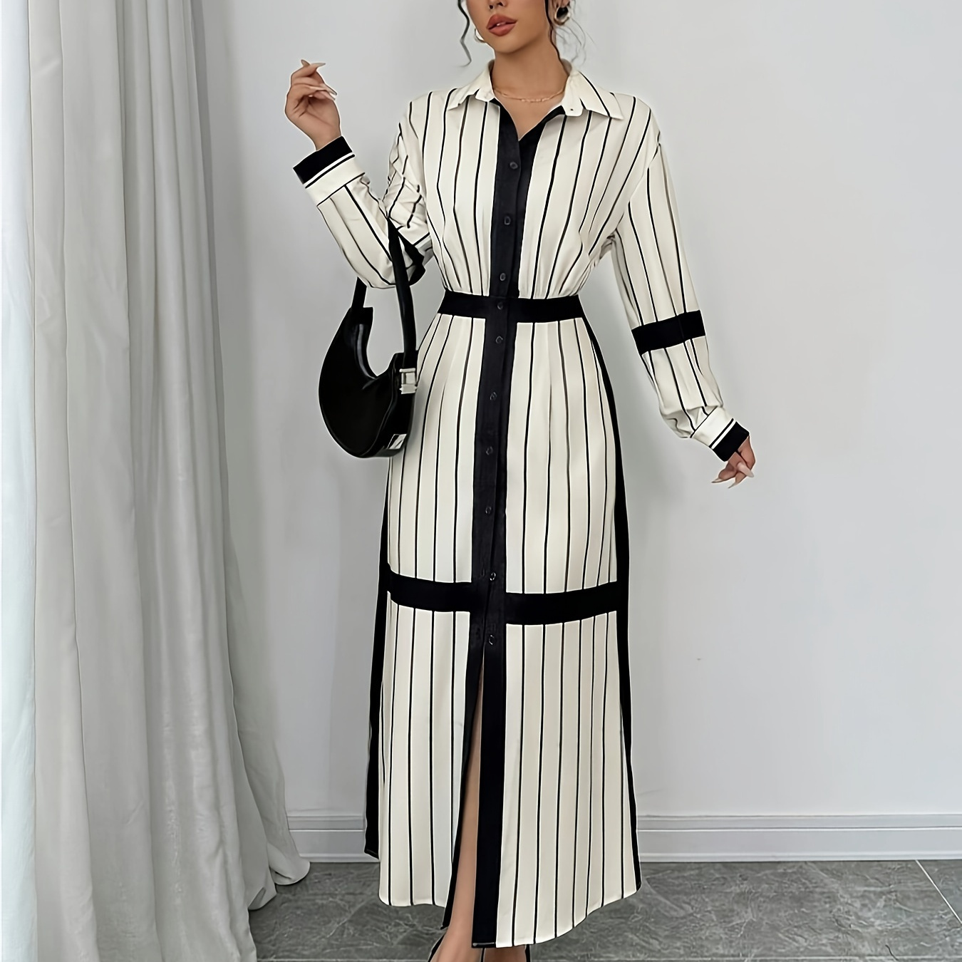 

Elegant Women's Striped Long Sleeve Mini Dress With Collar - Chic Black & White Vertical Stripes, Polyester , Machine Washable - Spring/fall