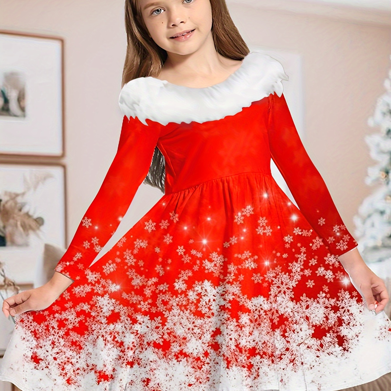 

Elegant Girls Splicing Snowflake Graphic Crew Neck Long Sleeve Dress For Spring Fall Christmas Gift