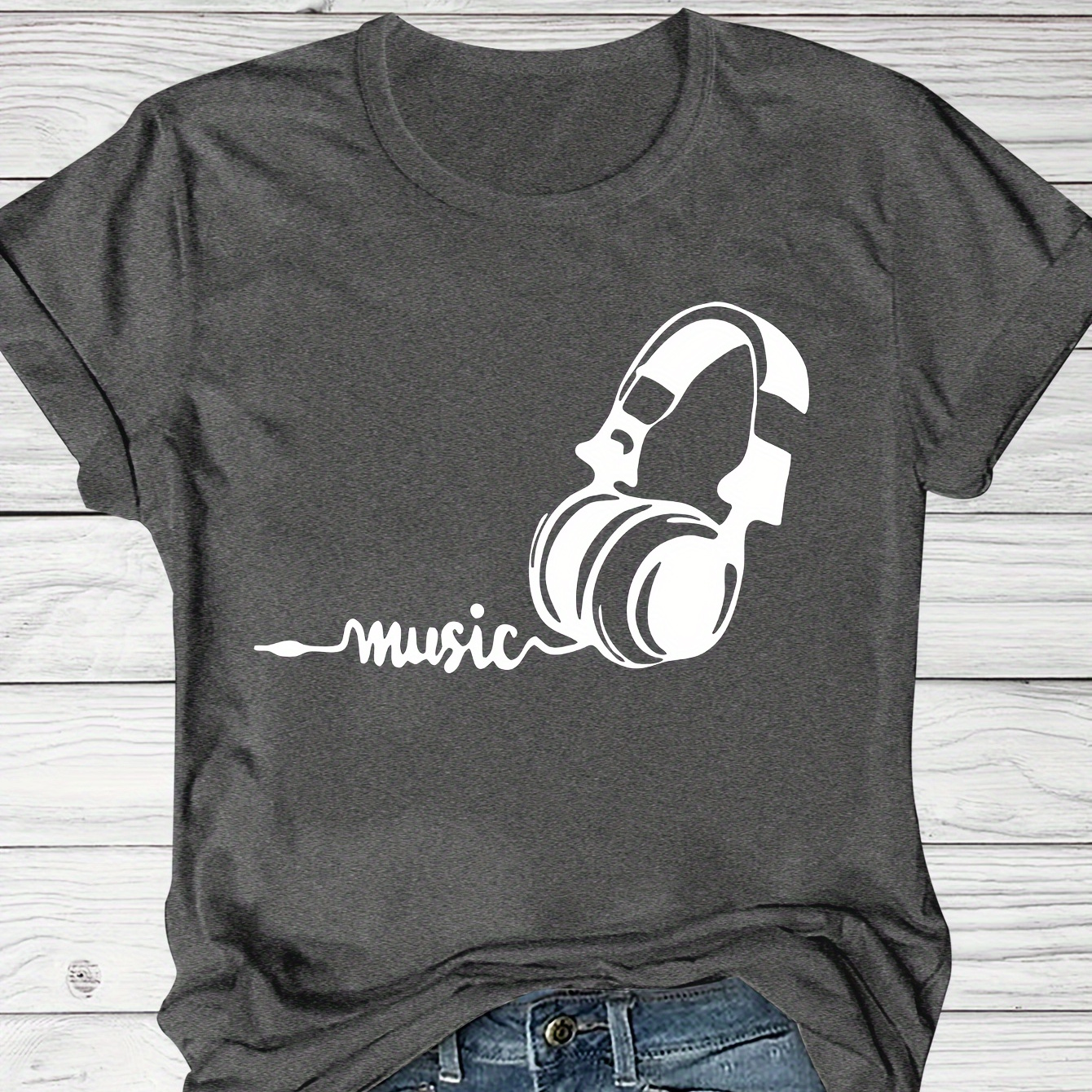 

Music Festival Theme Print T-shirt, Short Sleeve Crew Neck Casual Top For Summer & Spring, Women's Clothing