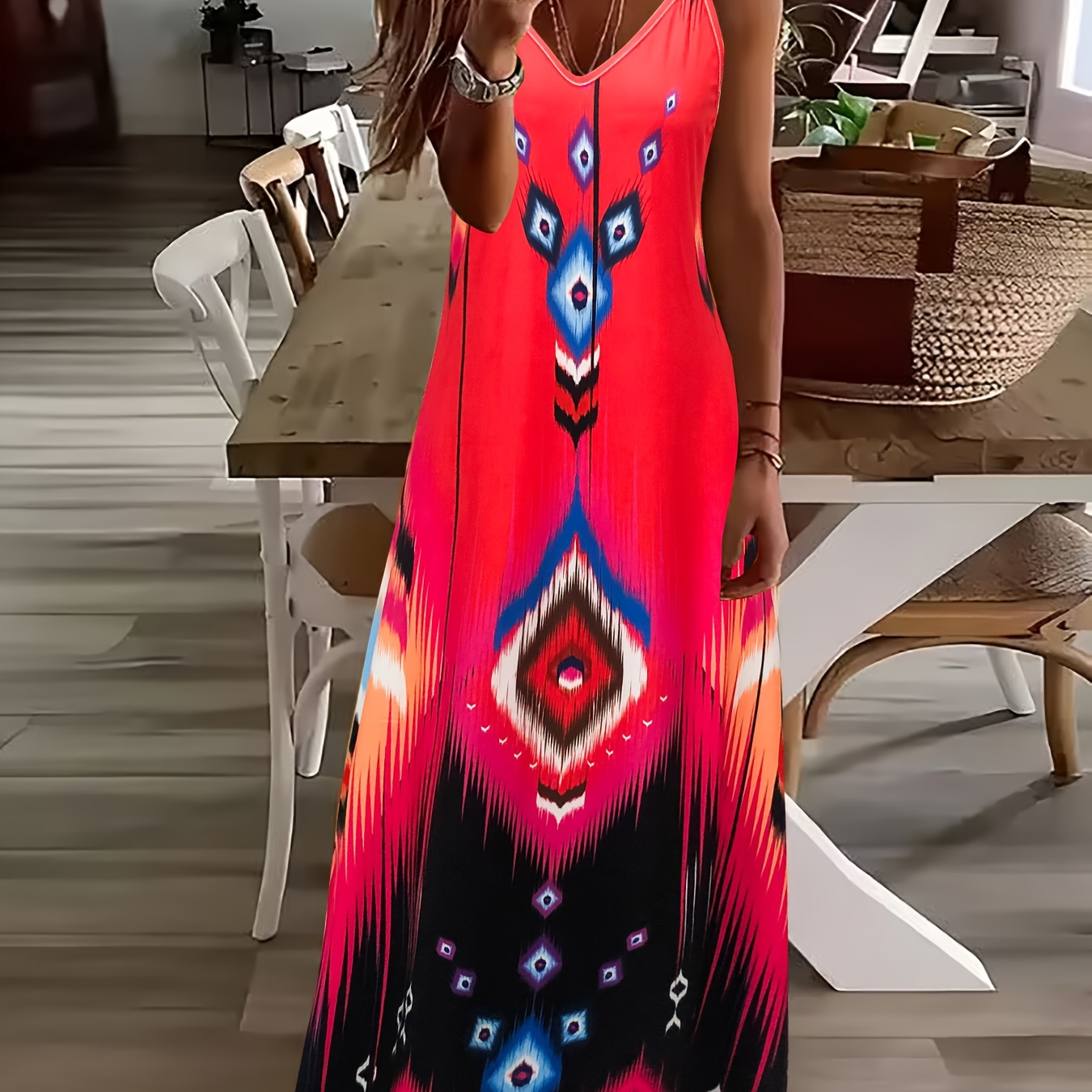 

Plus Size Ethnic Print Cami Dress, Vacation Style Sleeveless V Neck Long Length Dress For Spring & Summer, Women's Plus Size Clothing