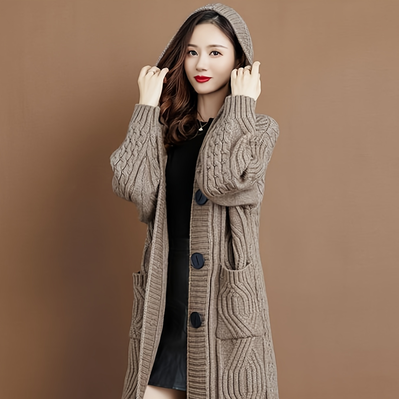 

Long Sleeve Knitted Cardigan Sweater With Hood - Autumn/winter Thickened Oversized Solid Color Pullover With Pockets, Acrylic Material, Long Length, Loose Fit