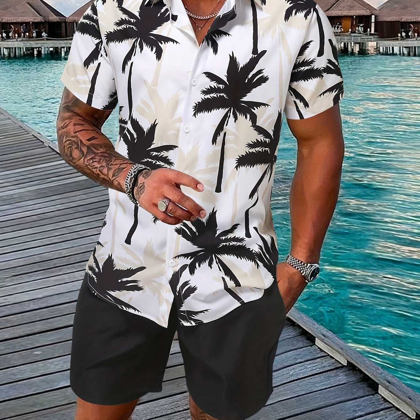 

Men's Outfit, Casual Trees Print Lapel Short Sleeve Button Up Shirt & Shorts 2-piece Set For Summer Outdoor Activities