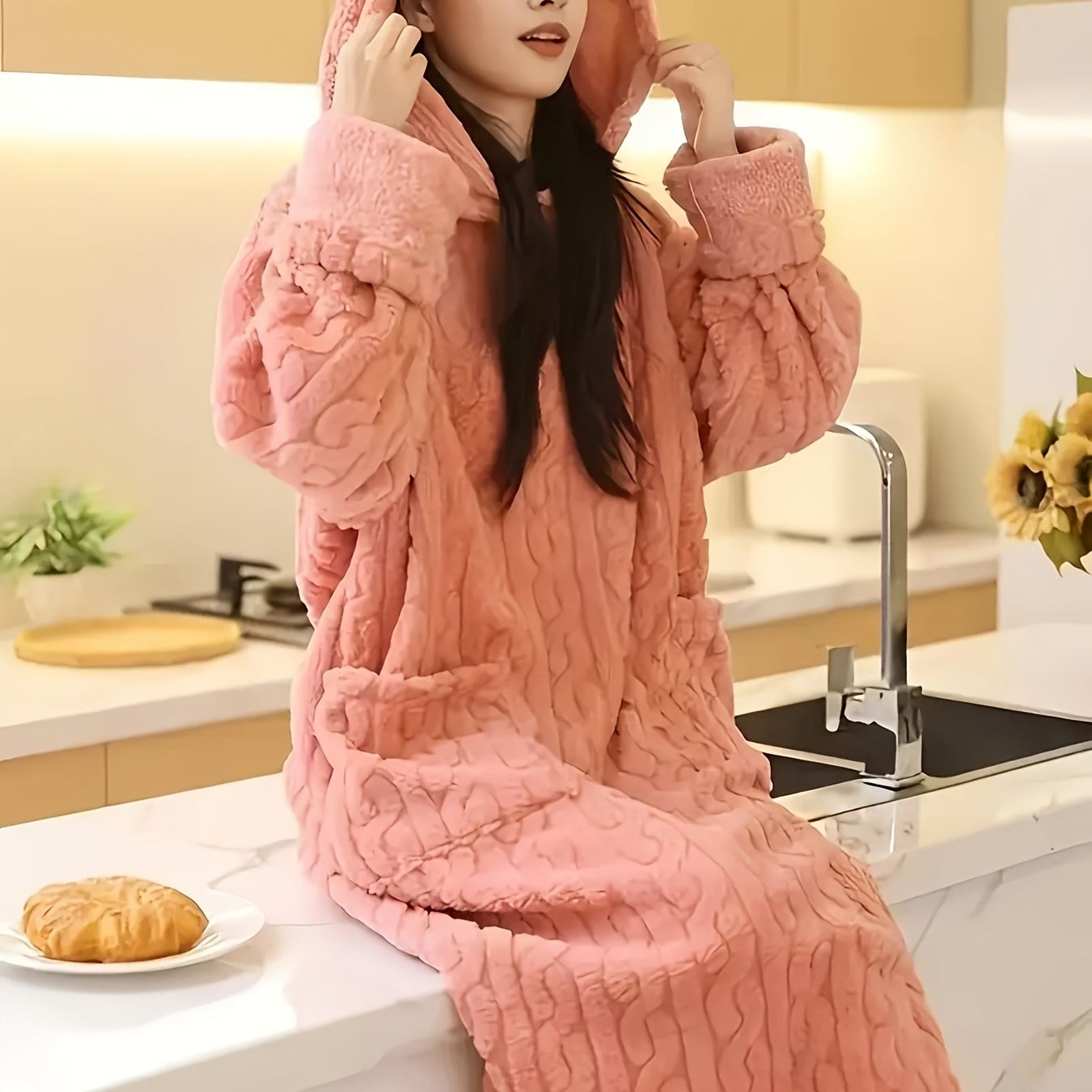 

1pc Cozy Coral Fleece Long Hooded Night Dress, Warm Thickened High Weight Sleep Robe With Pocket, Solid Color Knit Polyester Casual For Adults, Fall/winter