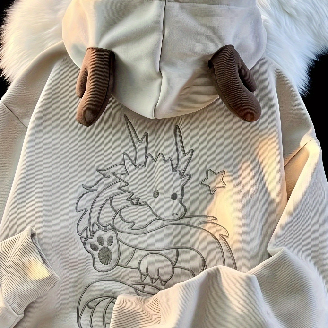 

Cartoon Dragon Print Kangaroo Pocket Hoodie, Casual Zipper Long Sleeve Drawstring Hoodies Sweatshirt, Women's Clothing