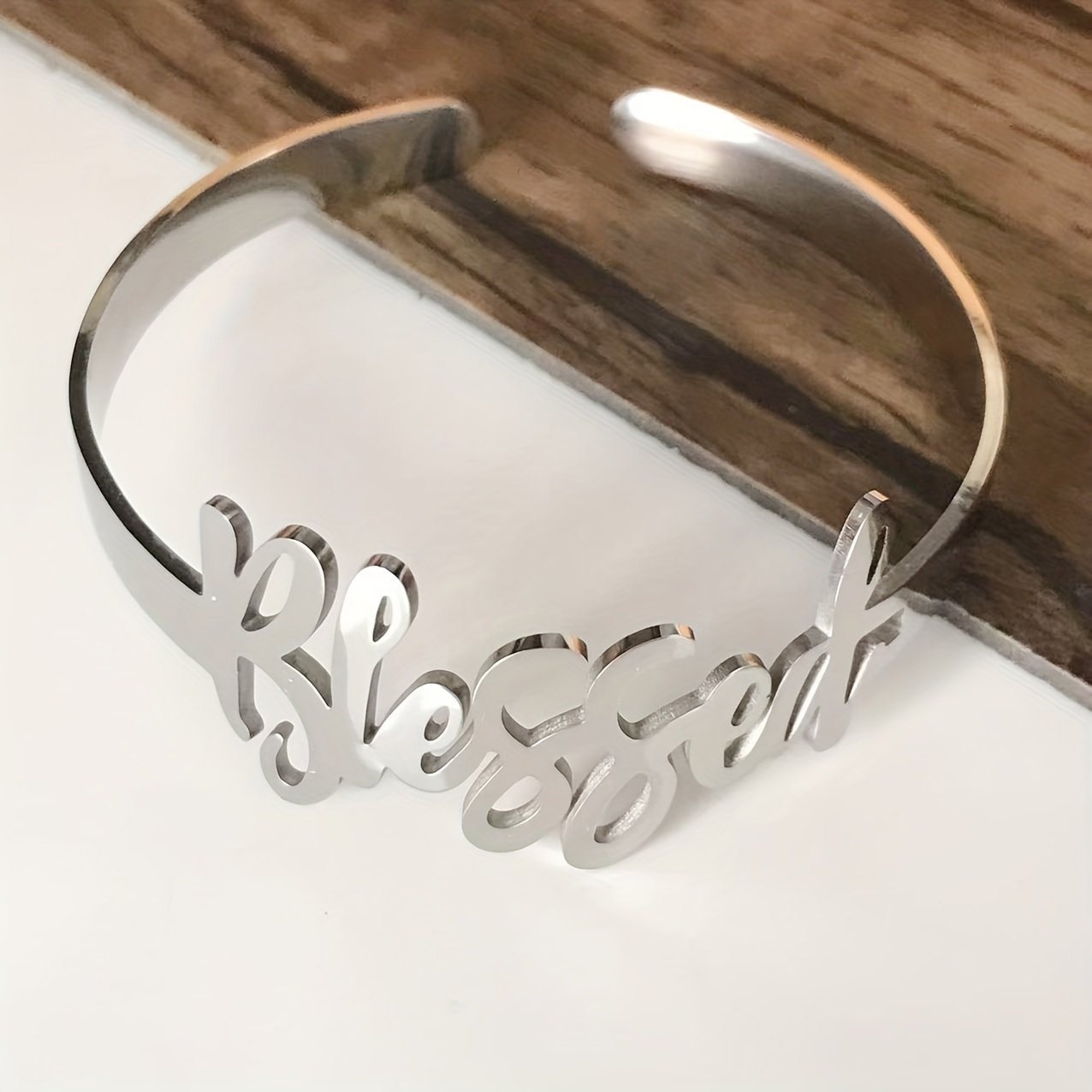 

Stainless Steel Hollow Inspirational Letter Blessed Bangle C-shape Open Wristband Bracelet