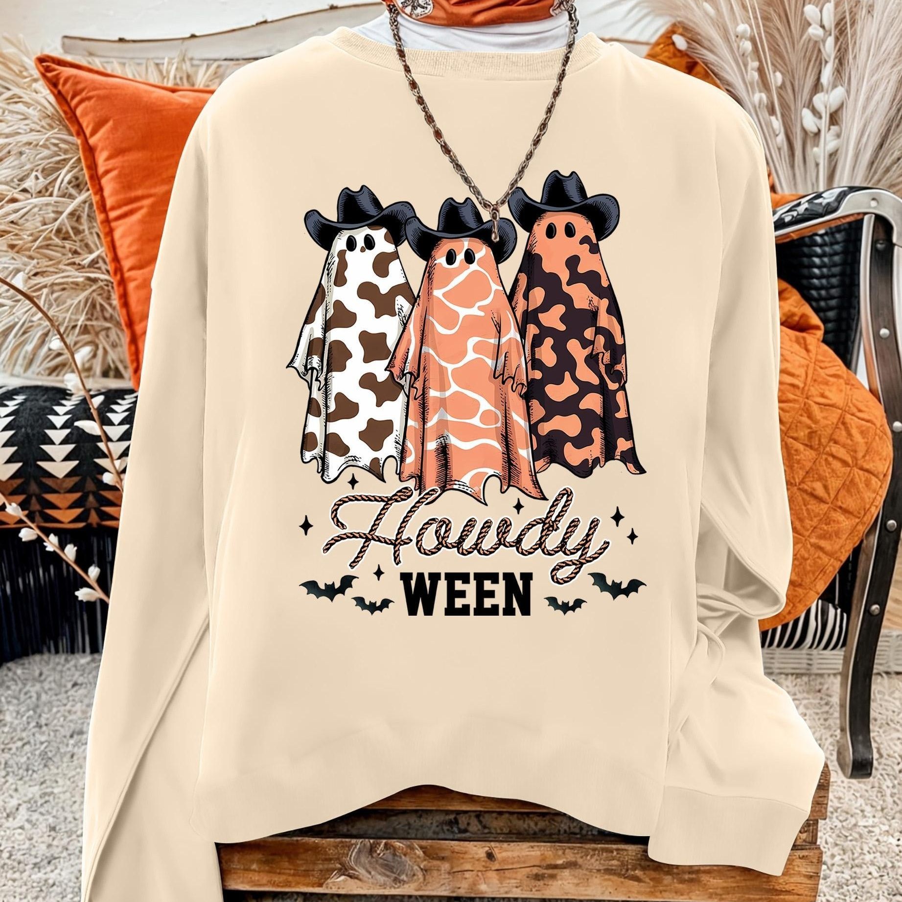 

Women's Long Sleeve Pullover Sweatshirt, Vintage Western Cowboy Print, Round Neck, Polyester, Fall/winter Fashion, Knit Fabric, - (069/8.23)