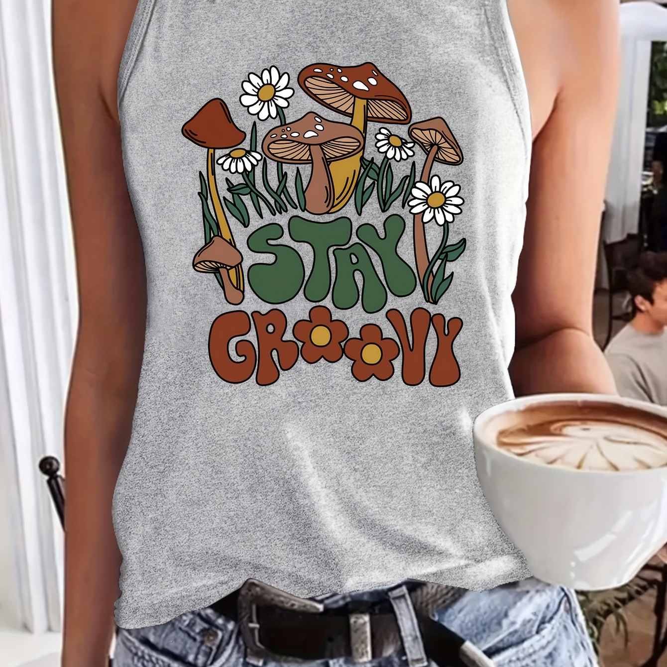 

Letter & Mushroom Print Tank Top, Sleeveless Crew Neck Casual Top For Spring & Summer, Women's Clothing