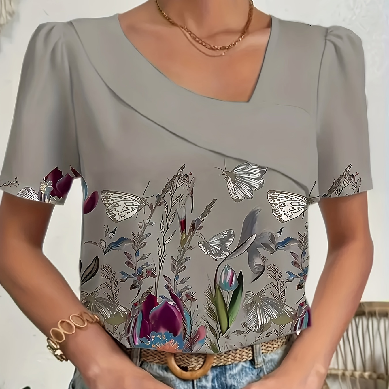 

Elegant Women's Summer Blouse With Unique Asymmetrical Neckline And Floral Print - Breathable Polyester, Machine Washable