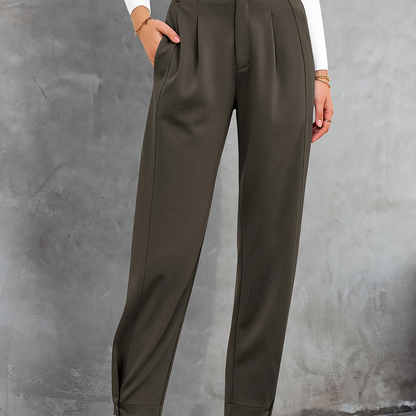 

Women's Casual Button Up Pants With Elastic High Waisted Fashionable Commuting Pants, Long Straight Leg Pants With Pockets