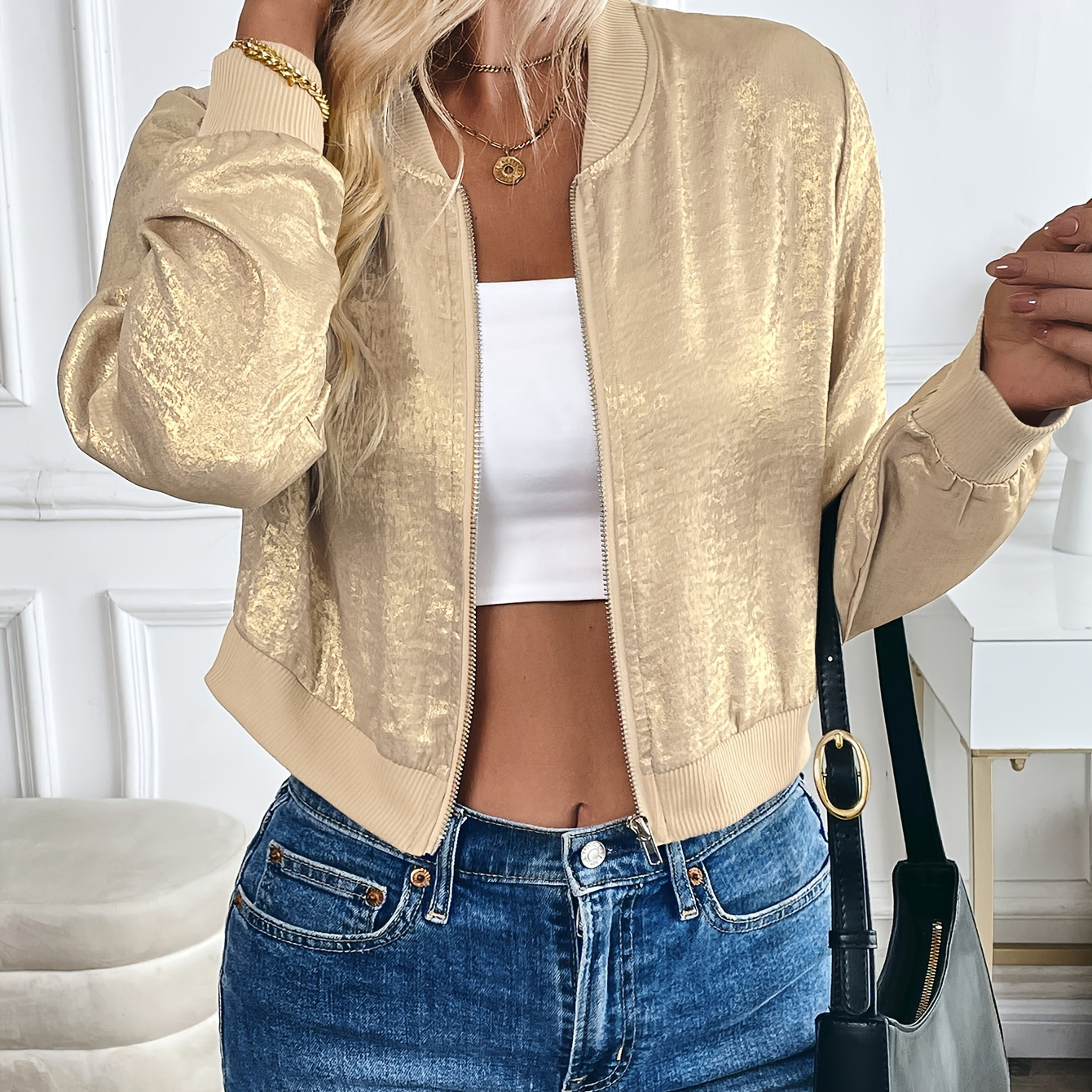 

1pc Vintage Style Women's Polyester Jacket - V-neck, Solid Color, Short Length With Zipper Detail, Woven, No Belt, For Spring/fall Season