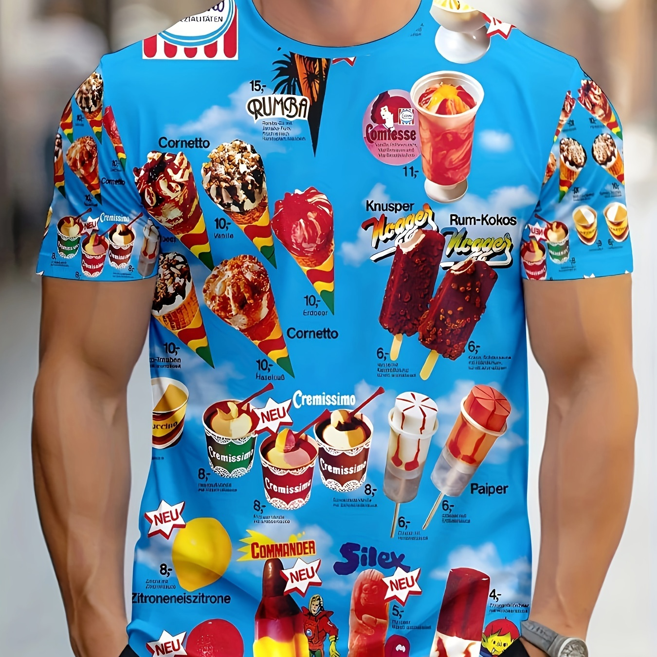 

Men's Snacks Print Short Sleeve Crew Neck T-shirt For Summer, Casual Stylish Tee As Gift