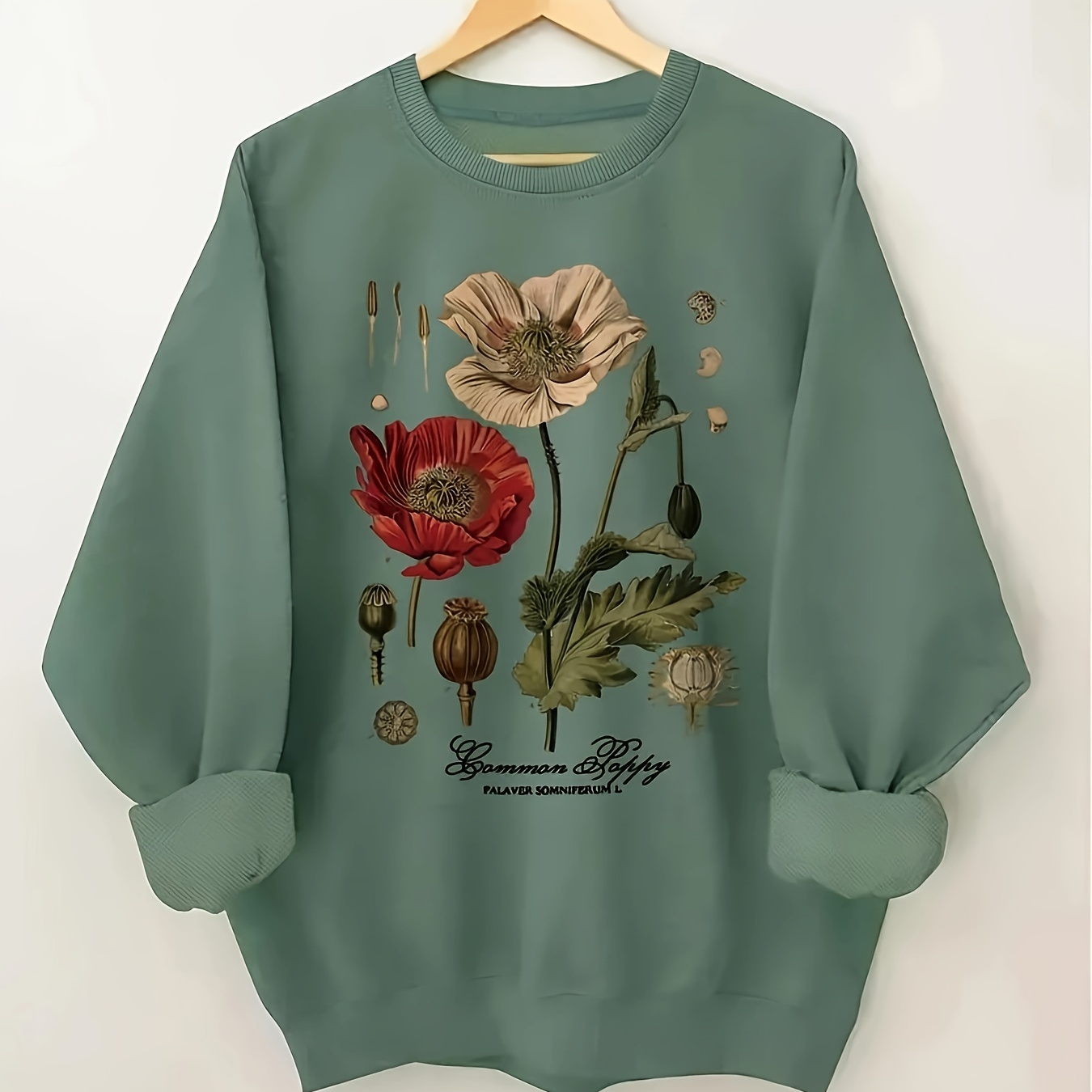 

Sweat-shirt à col rond imprimé floral pour femmes, haut en à manches longues décontracté, 100% polyester, léger 250g/m², pour /hiver - Vêtements décontractés