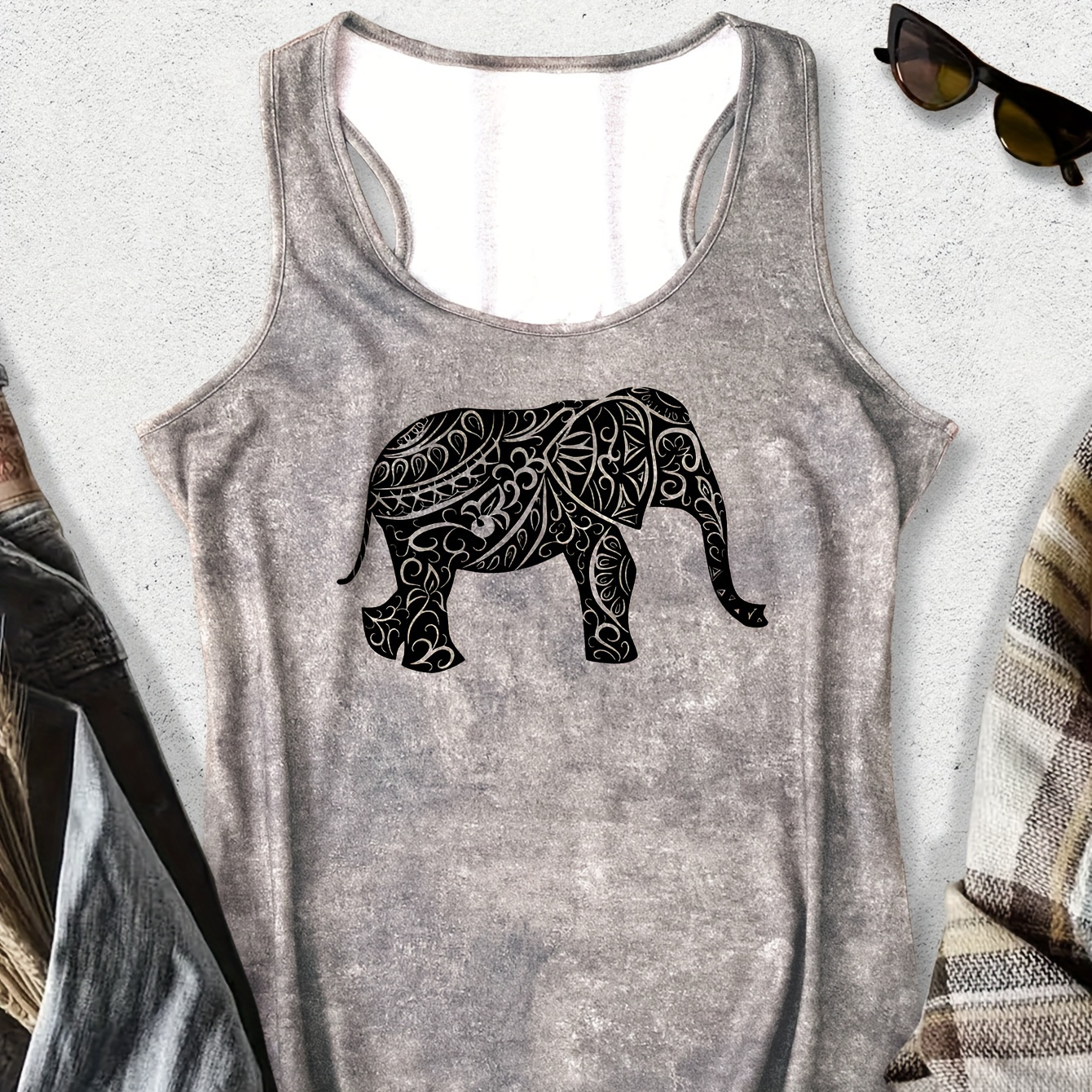 

Elephant Print Tank Top, Sleeveless Casual Top For Summer & Spring, Women's Clothing