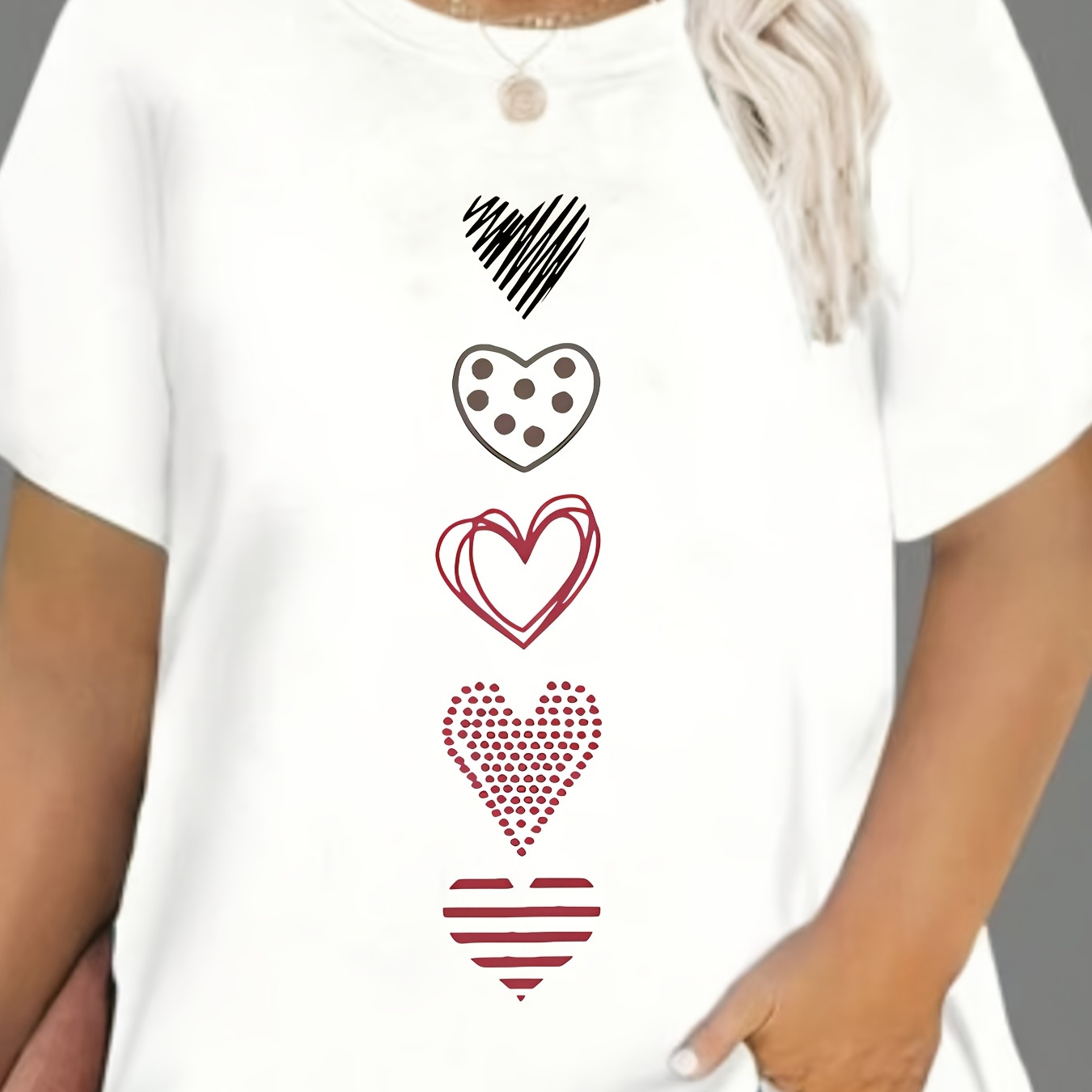 

Women's Plus Size T-shirt, Summer Fashion Casual Crew Neck Top With Geometric Heart Pattern, Knit Fabric, Medium Stretch, 95% Polyester 5% Spandex, 180g/m² - White