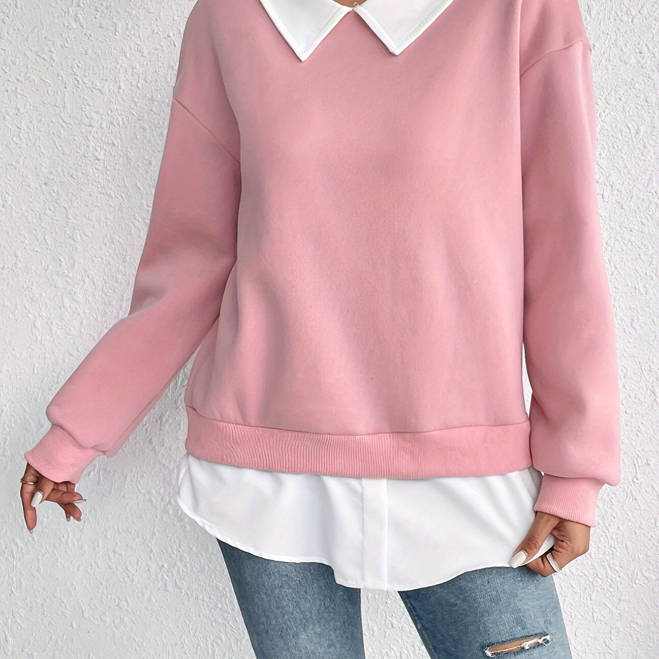 

Color Block 2 In 1 Sweatshirt, Casual Long Sleeve Collared Sweatshirt For Fall & Winter, Women's Clothing