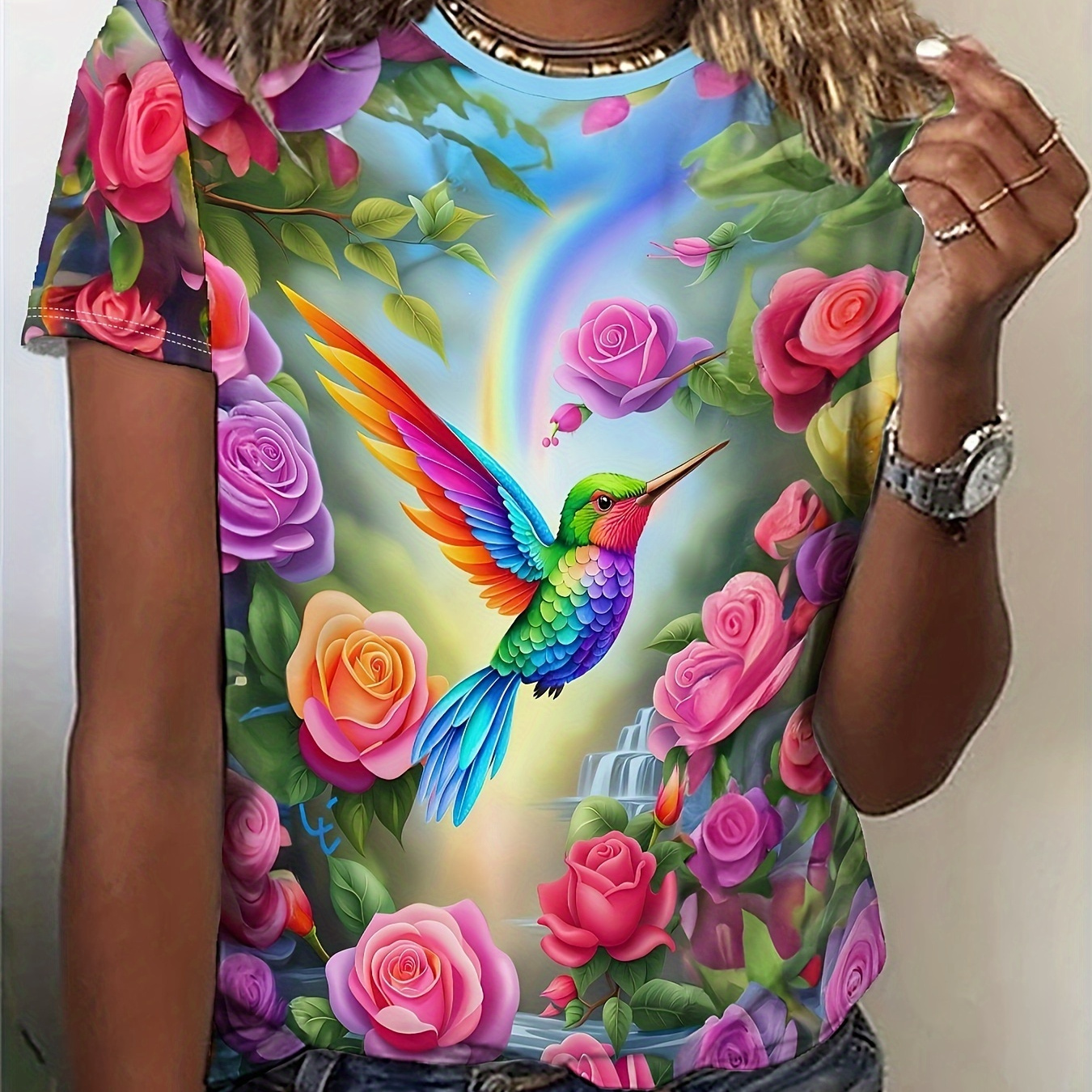 

Bird & Floral Print T-shirt, Casual Crew Neck Short Sleeve Top For Spring & Summer, Women's Clothing
