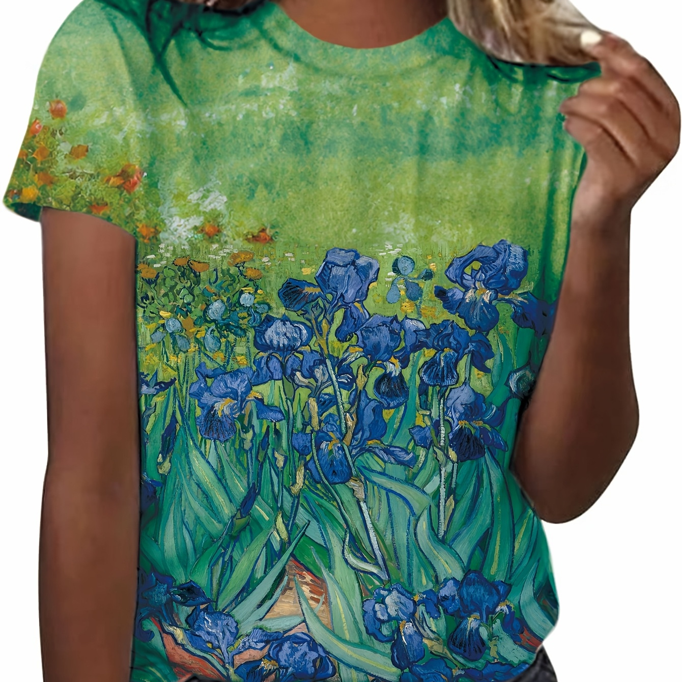 

Women's Van Gogh Inspired T-shirt, Polyester 95% Elastane 5% Knit Fabric, Casual Crew Neck Short Sleeve Top For Spring/summer