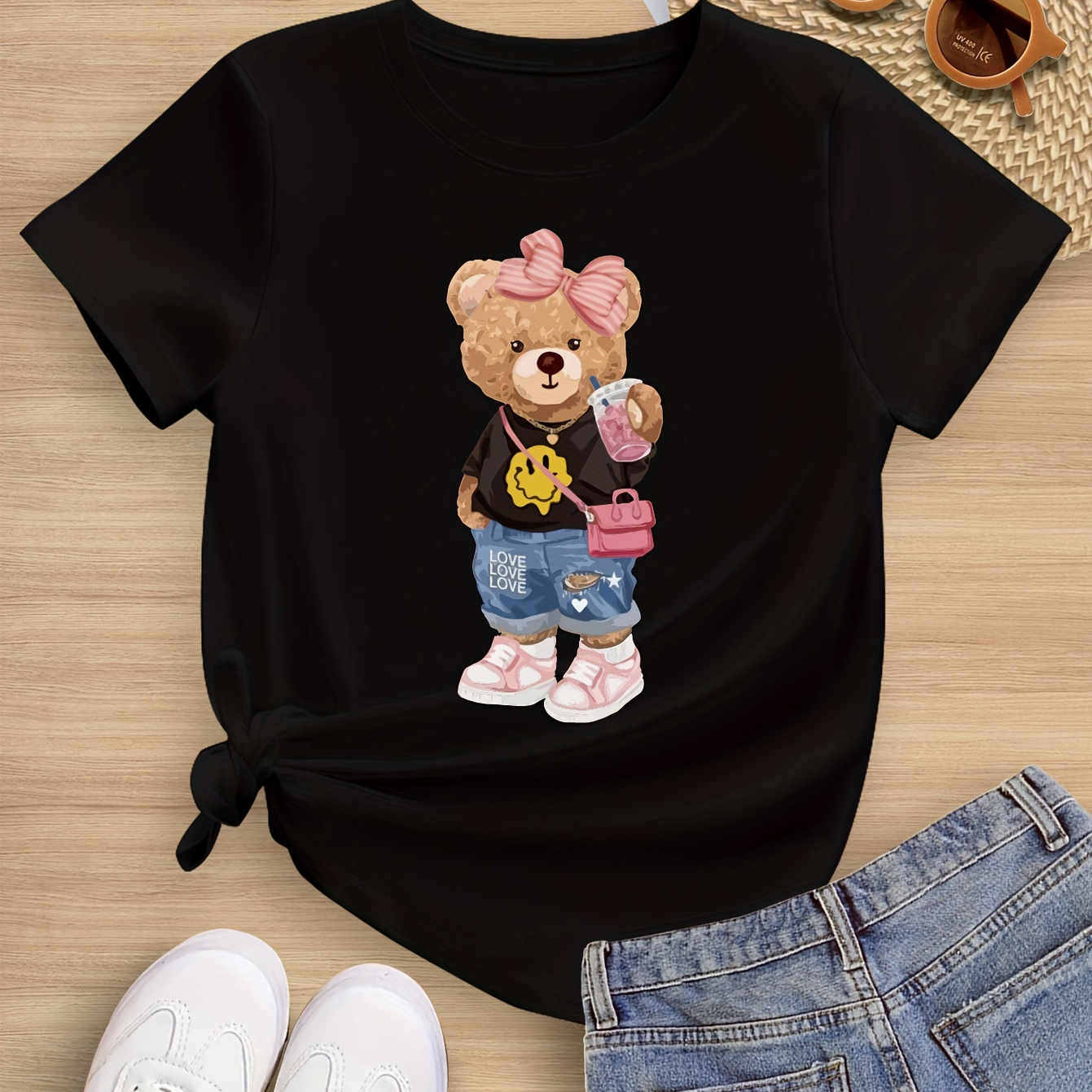 

Black Round Neck Cute Bear Pattern Print Short Sleeve Girls T-shirt, Summer Casual Top