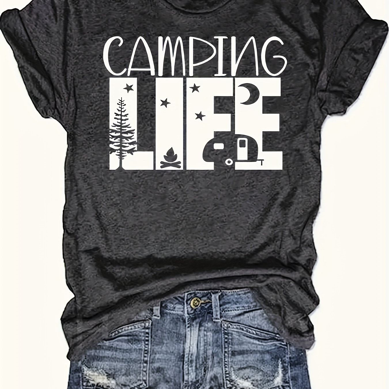 

Camping Life Print Crew Neck T-shirt, Casual Short Sleeve Top For Spring & Summer, Women's Clothing