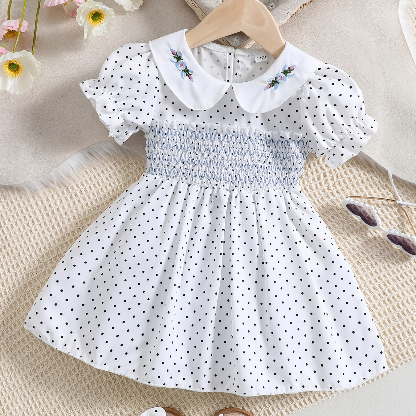 

Stylish & Cute Polka Dot Shirred Puff Sleeve Dress, Perfect For Little Girls Banquet Birthday Party Dress Up